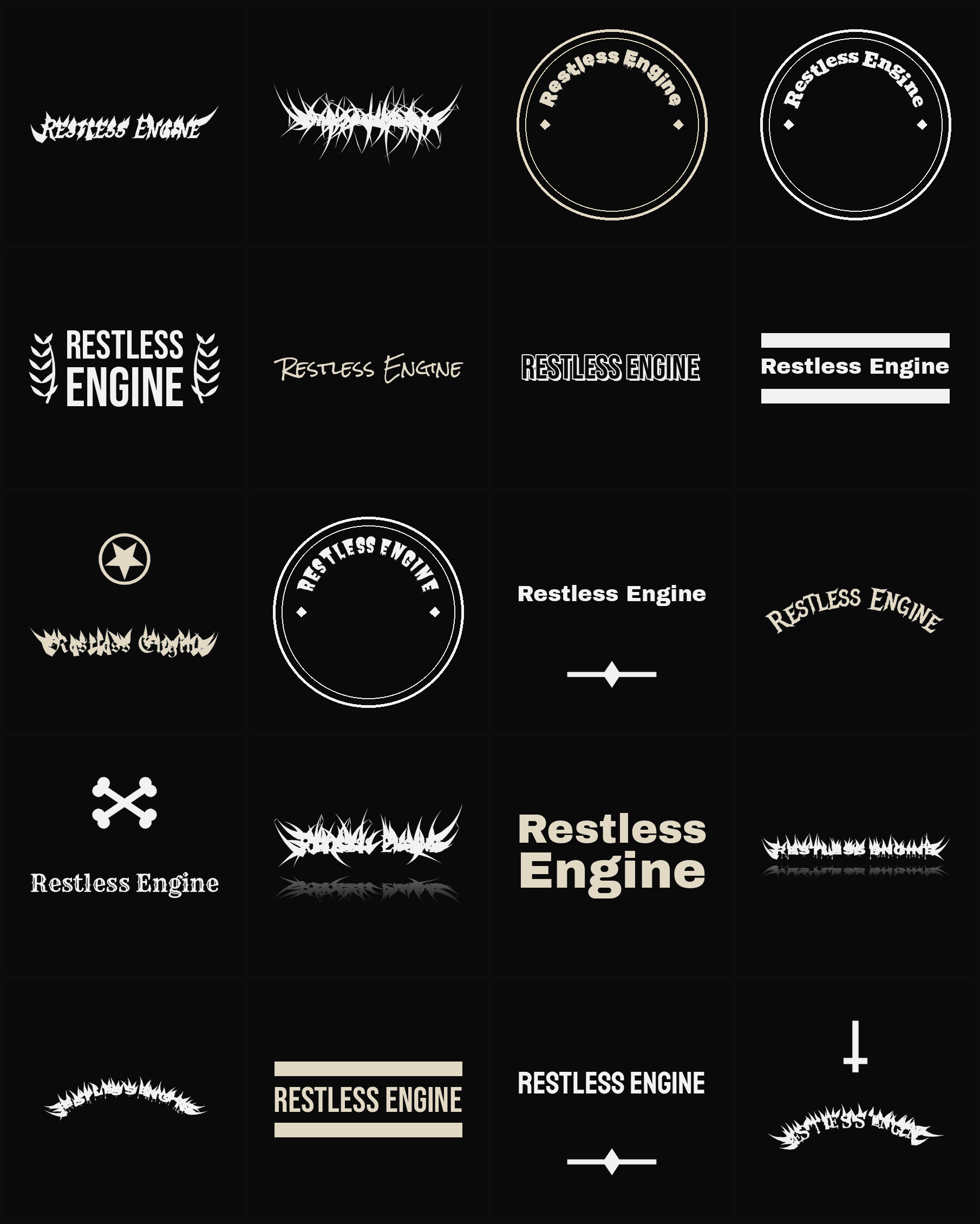 Twenty Restless Engine band logo ideas — different faces, treatments and spike settings