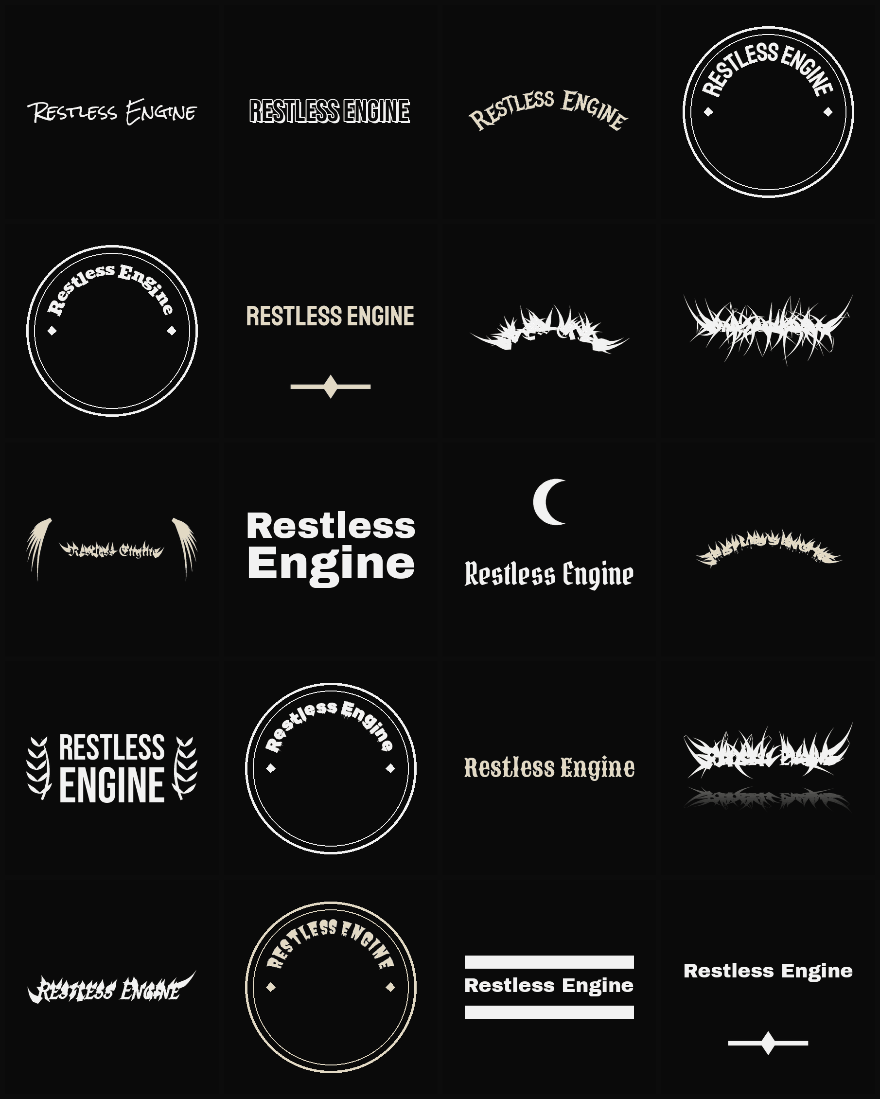 Twenty Restless Engine band logo ideas — different faces, treatments and spike settings