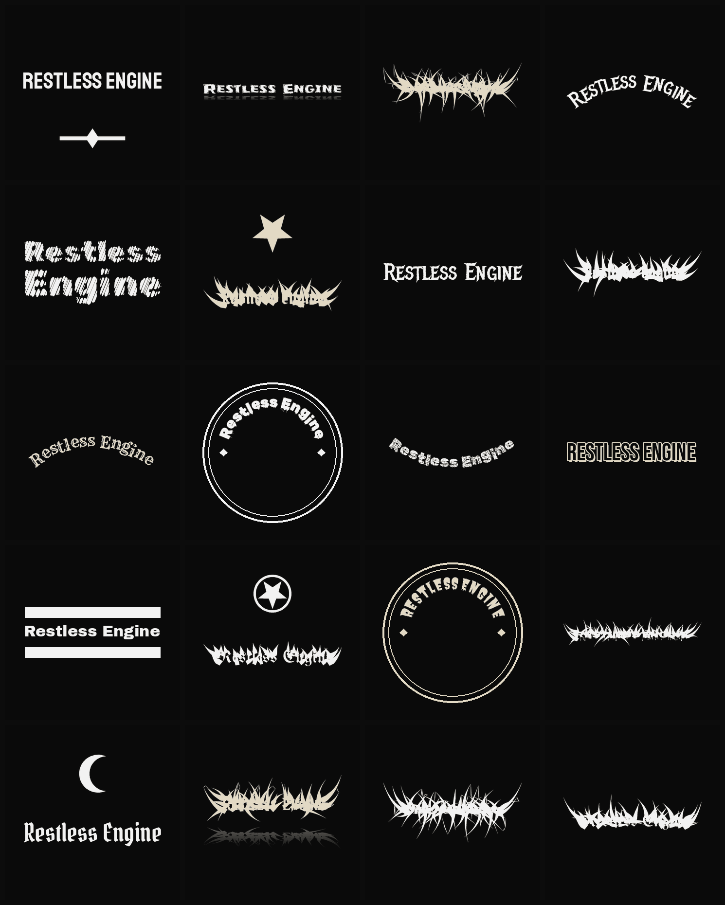 Twenty Restless Engine band logo ideas — different faces, treatments and spike settings