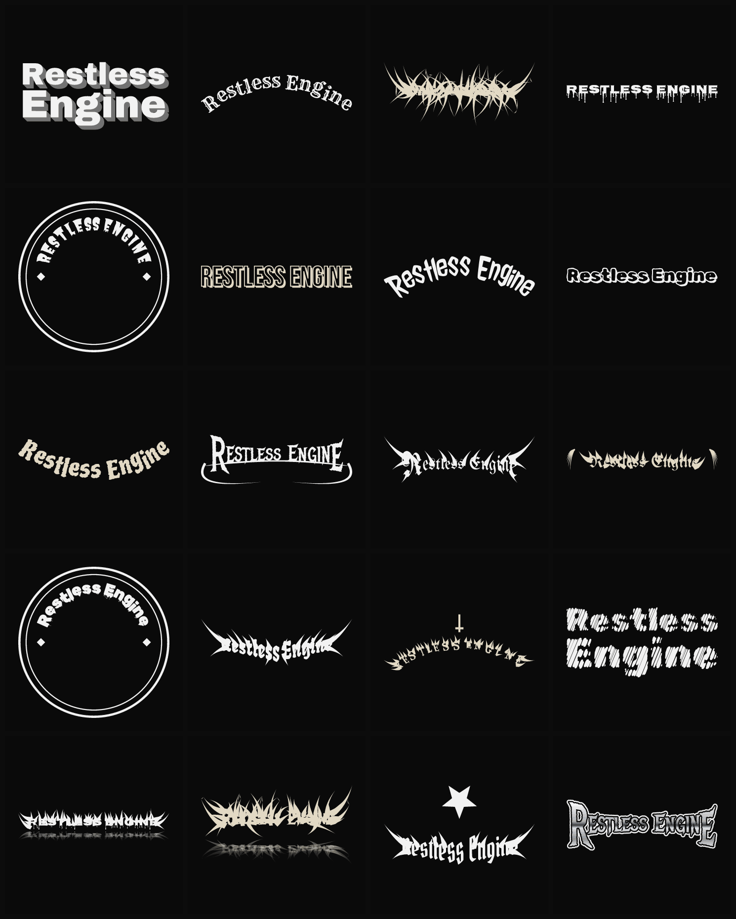 Twenty Restless Engine band logo ideas — different faces, treatments and spike settings