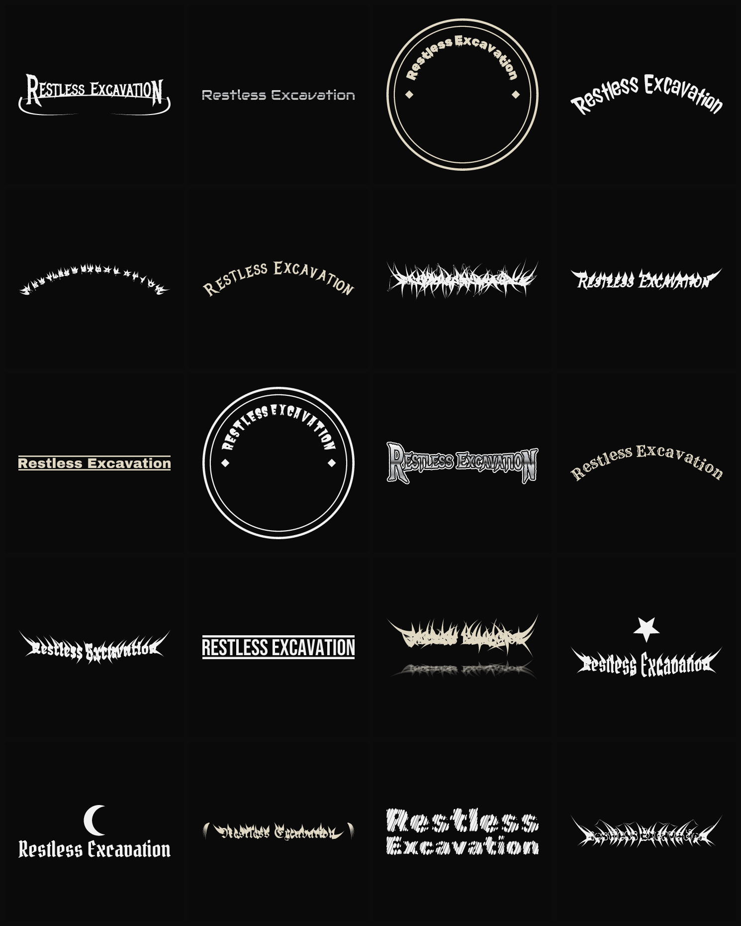 Twenty Restless Excavation band logo ideas — different faces, treatments and spike settings