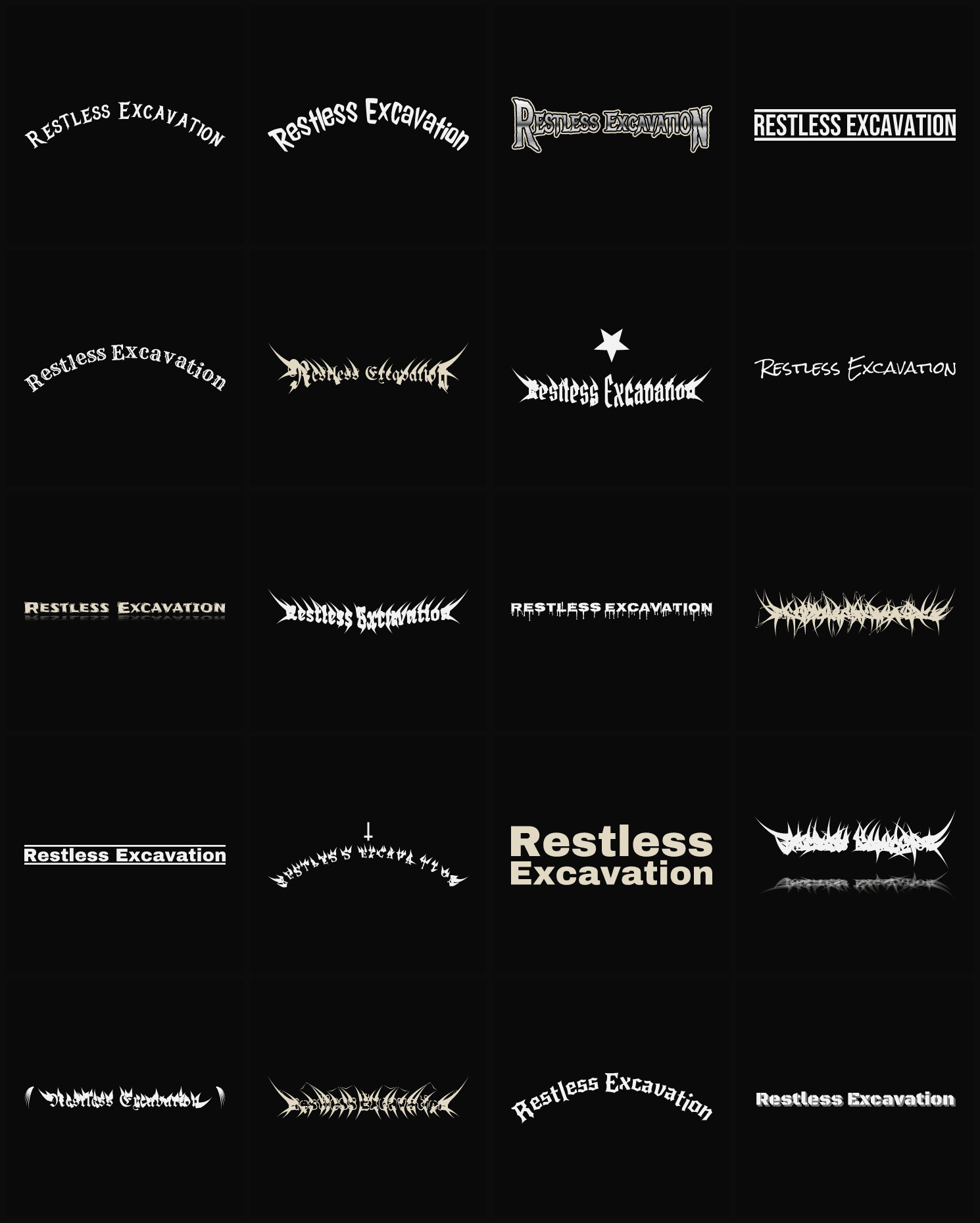 Twenty Restless Excavation band logo ideas — different faces, treatments and spike settings