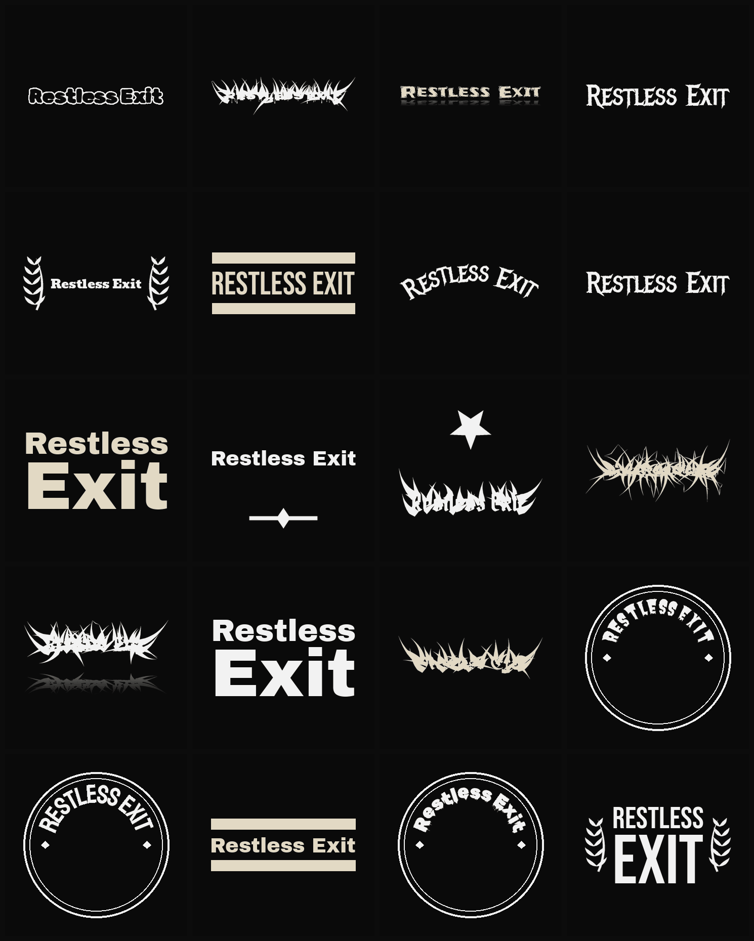 Twenty Restless Exit band logo ideas — different faces, treatments and spike settings