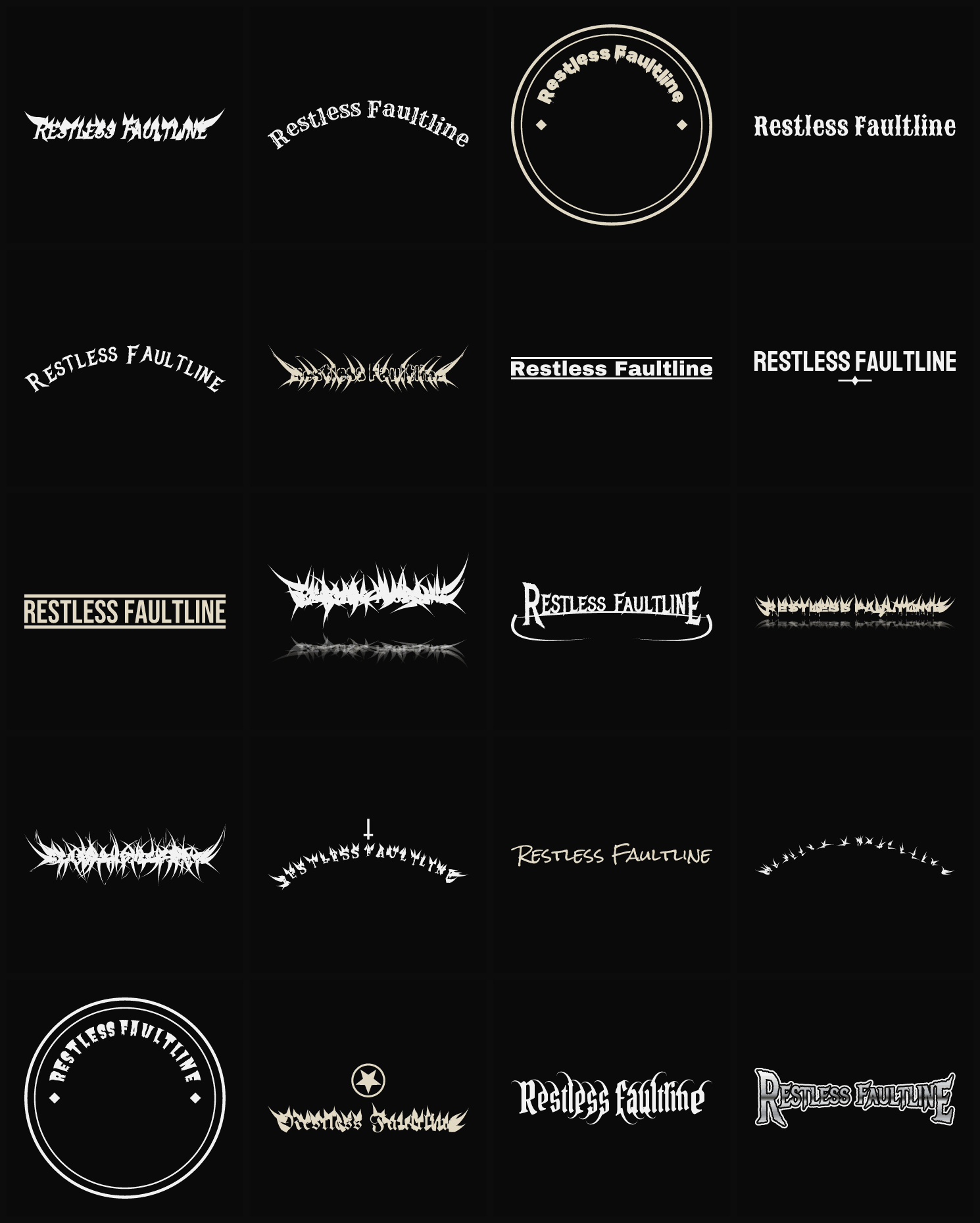 Twenty Restless Faultline band logo ideas — different faces, treatments and spike settings