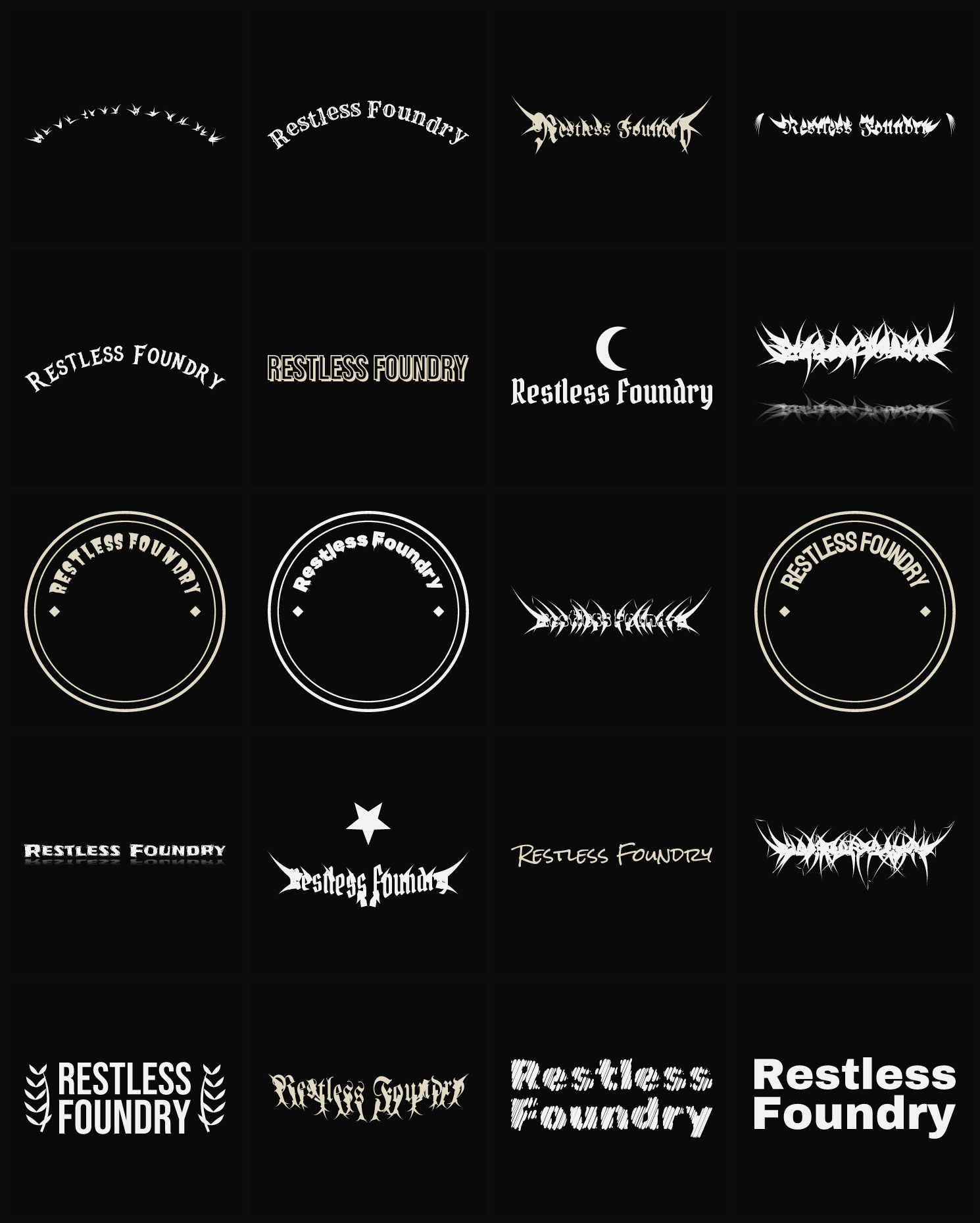 Twenty Restless Foundry band logo ideas — different faces, treatments and spike settings