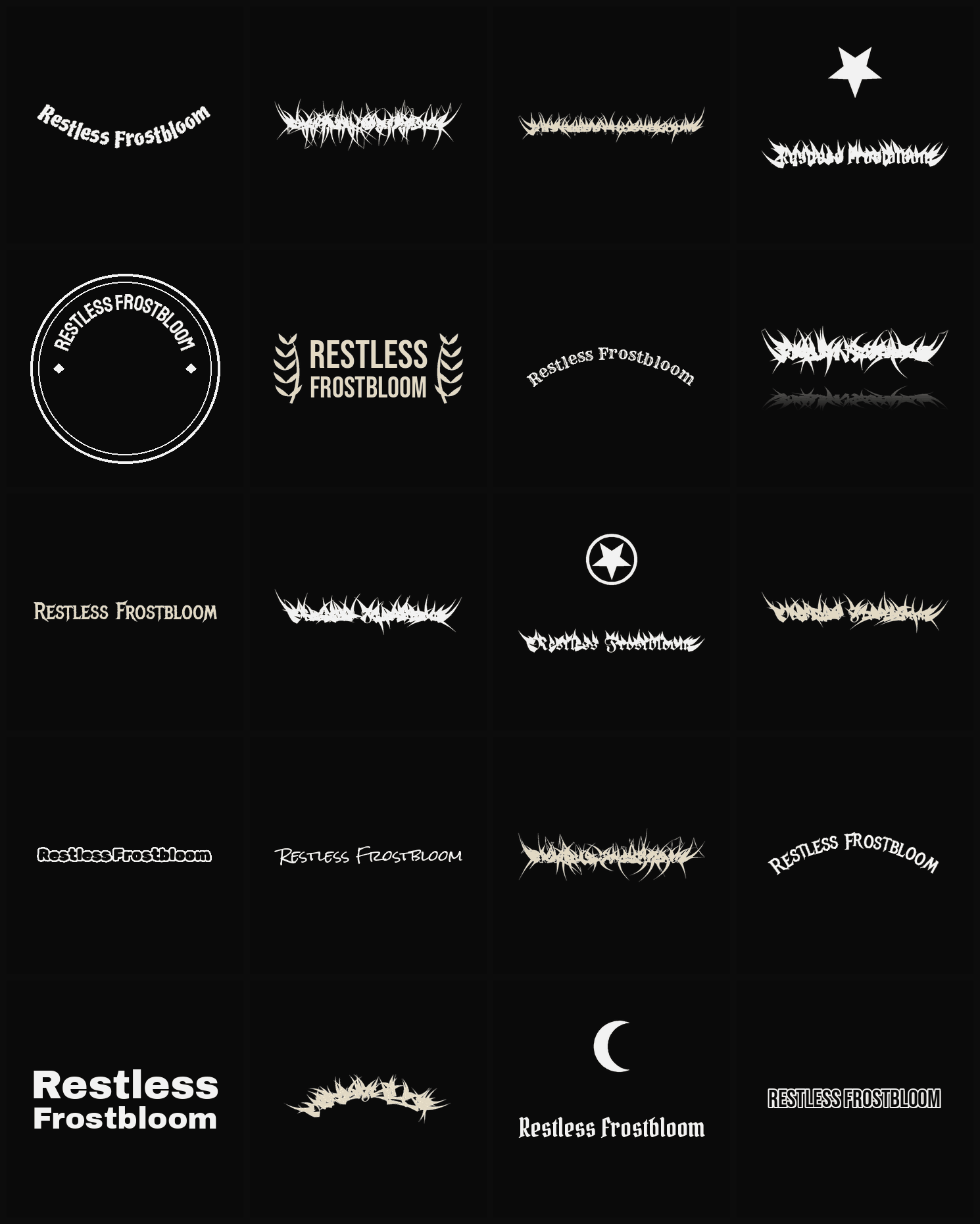 Twenty Restless Frostbloom band logo ideas — different faces, treatments and spike settings