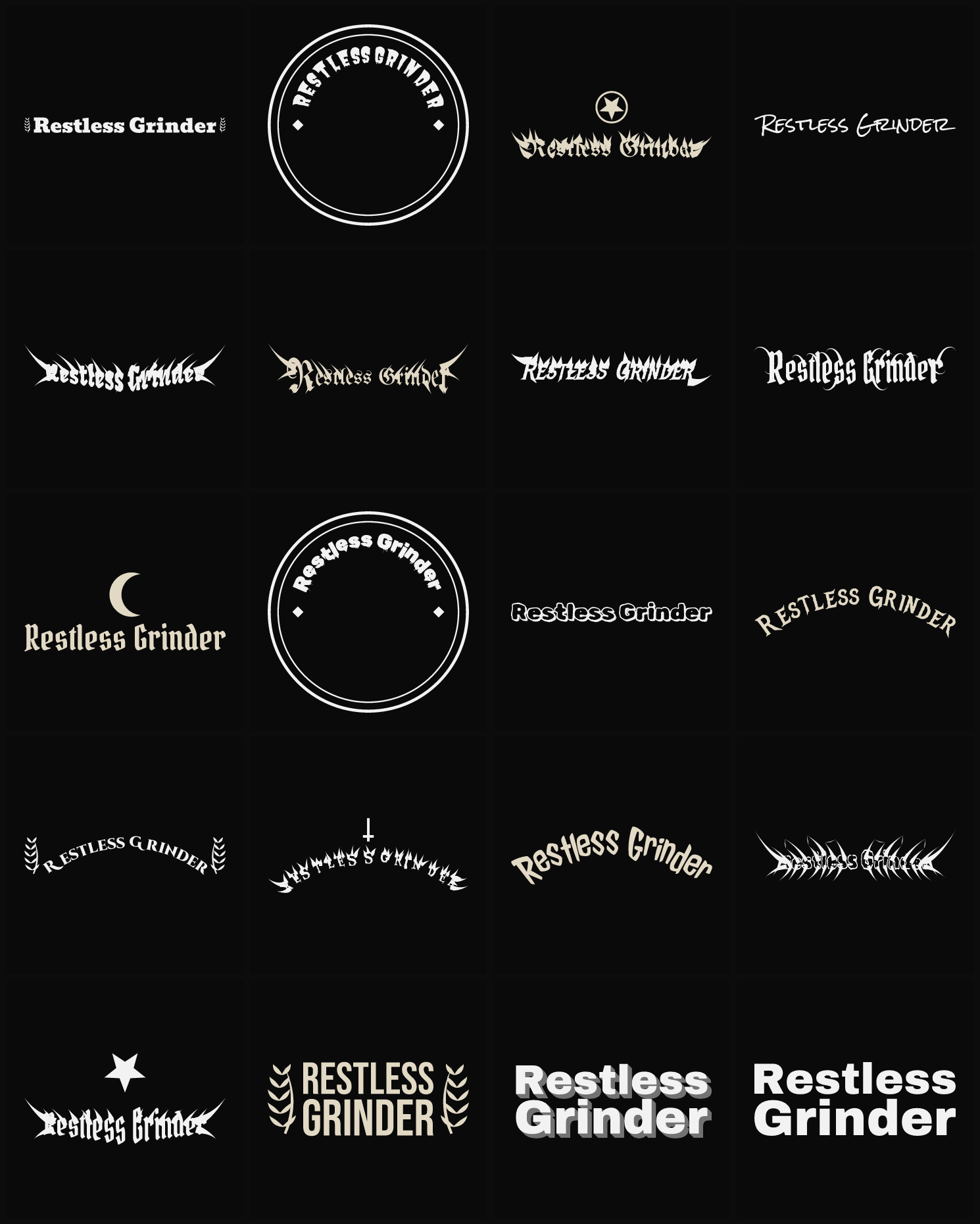 Twenty Restless Grinder band logo ideas — different faces, treatments and spike settings