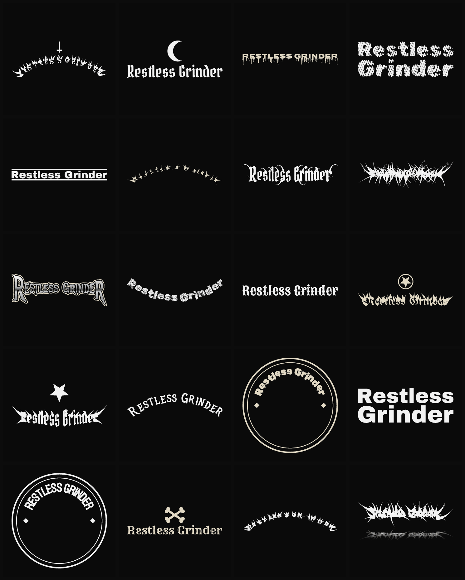 Twenty Restless Grinder band logo ideas — different faces, treatments and spike settings