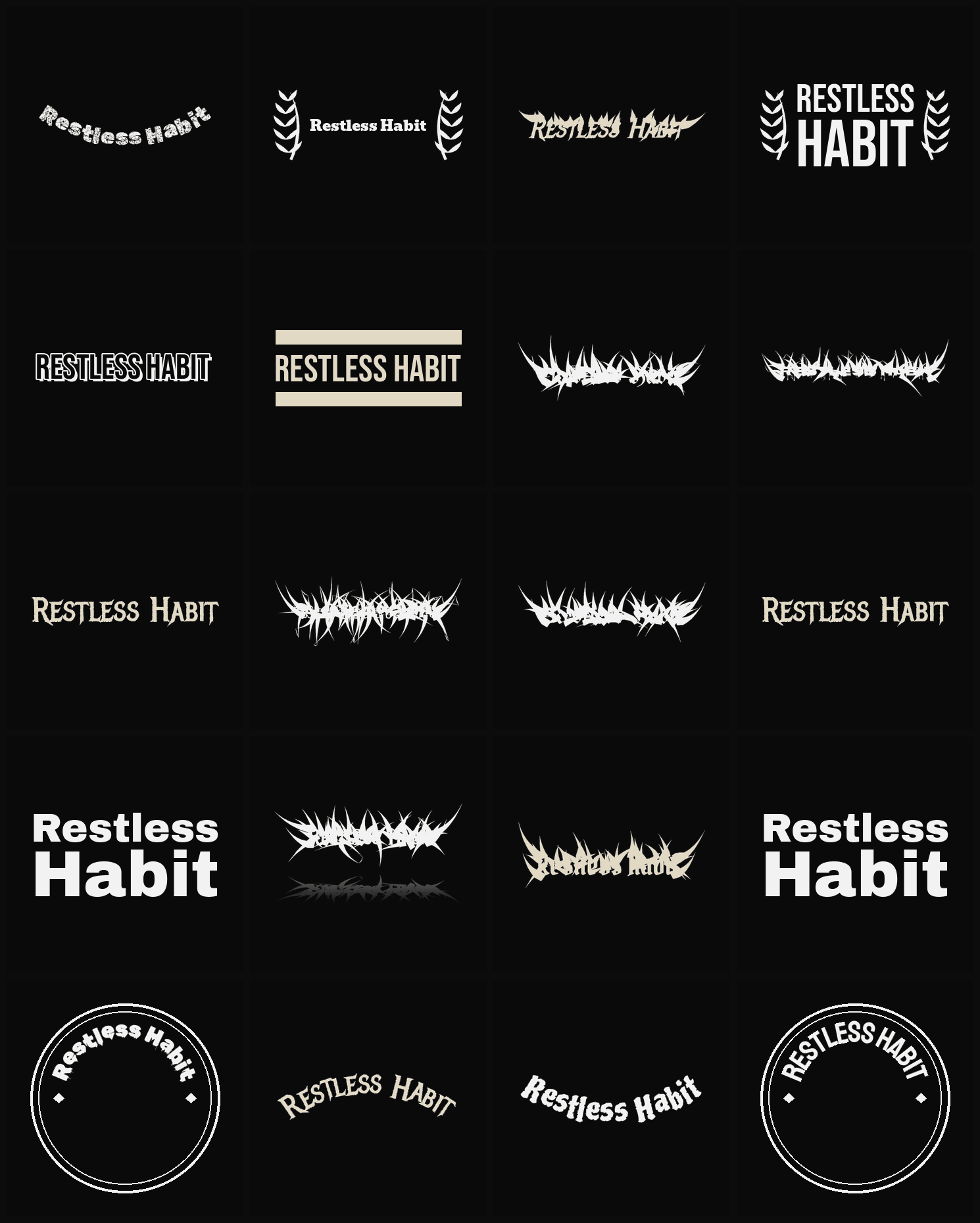 Twenty Restless Habit band logo ideas — different faces, treatments and spike settings