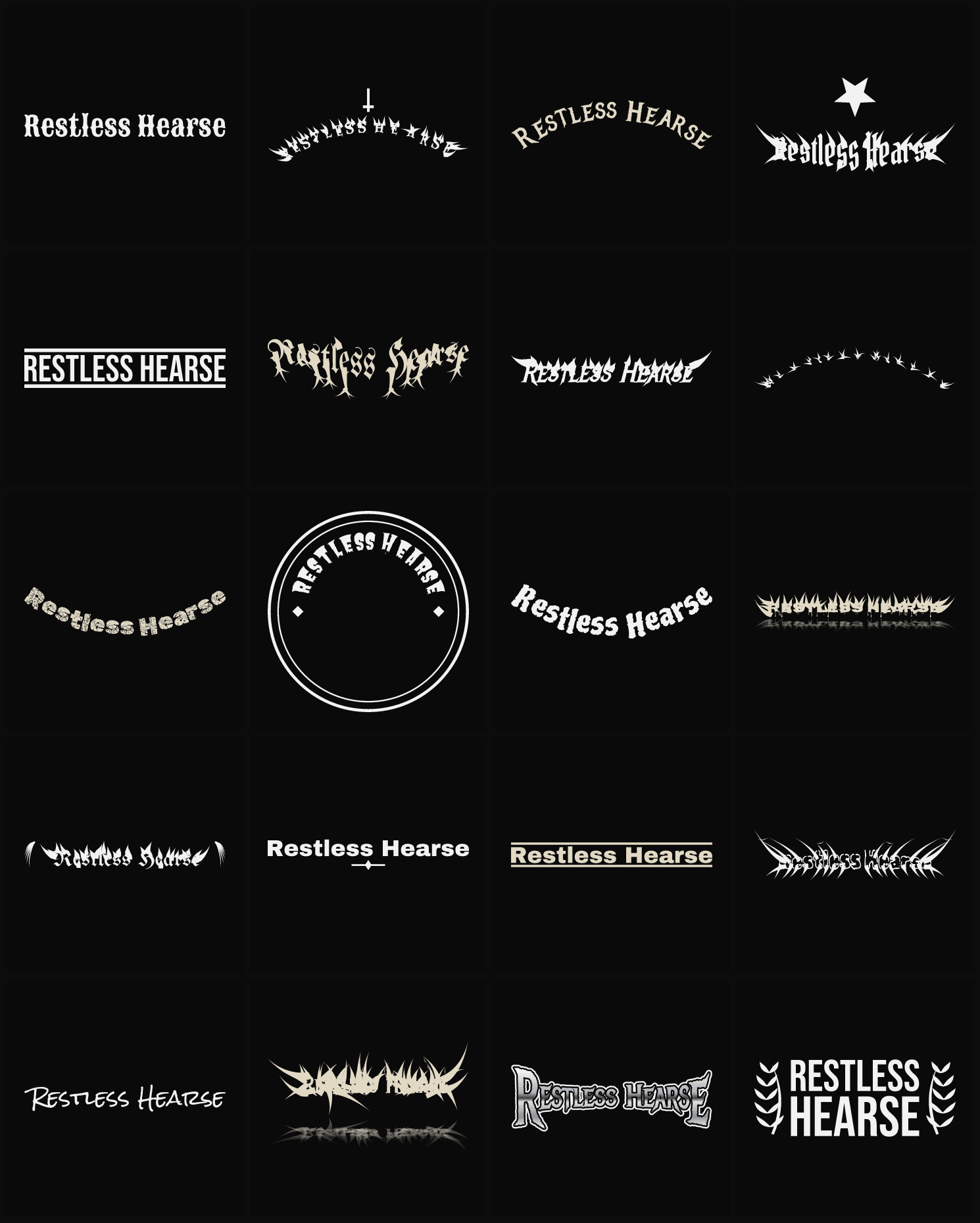 Twenty Restless Hearse band logo ideas — different faces, treatments and spike settings