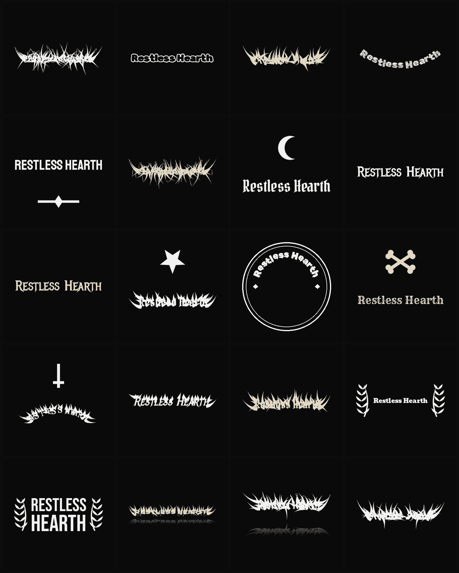 Twenty Restless Hearth band logo ideas — different faces, treatments and spike settings