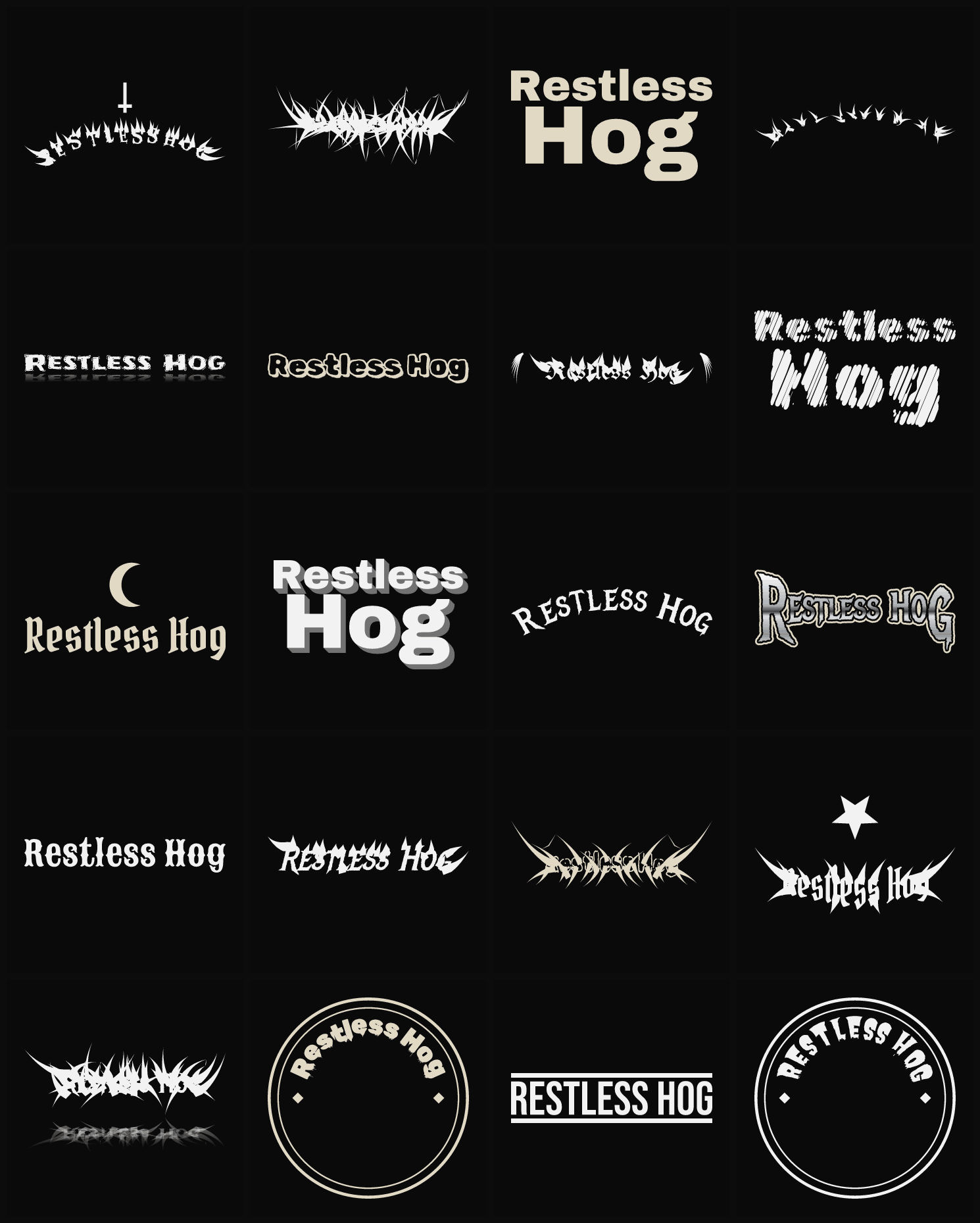 Twenty Restless Hog band logo ideas — different faces, treatments and spike settings