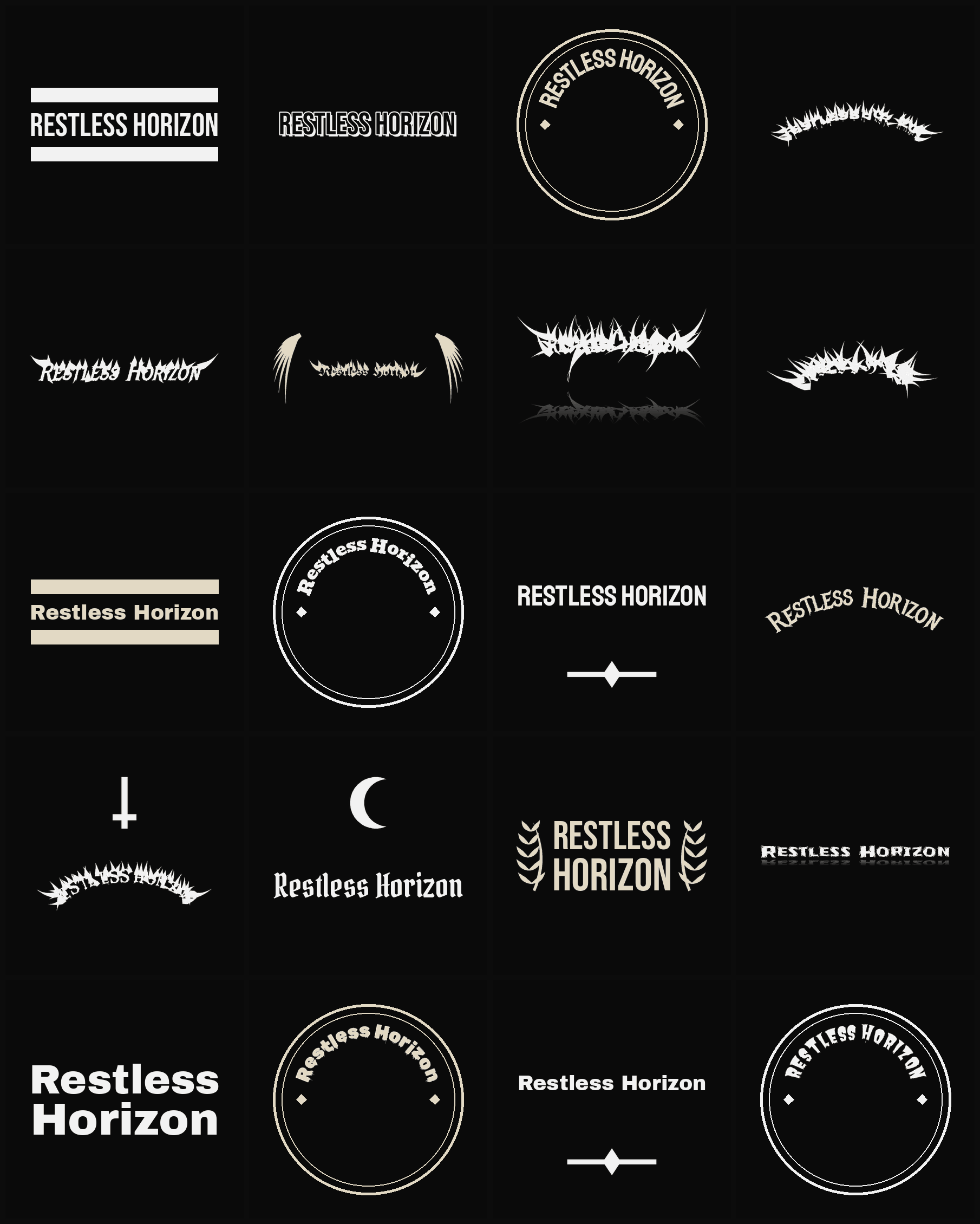 Twenty Restless Horizon band logo ideas — different faces, treatments and spike settings