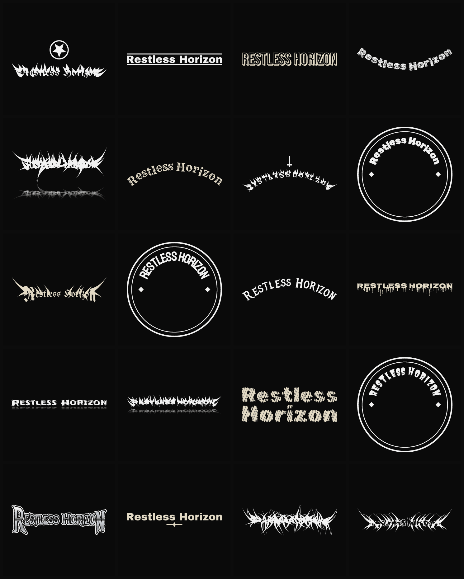 Twenty Restless Horizon band logo ideas — different faces, treatments and spike settings