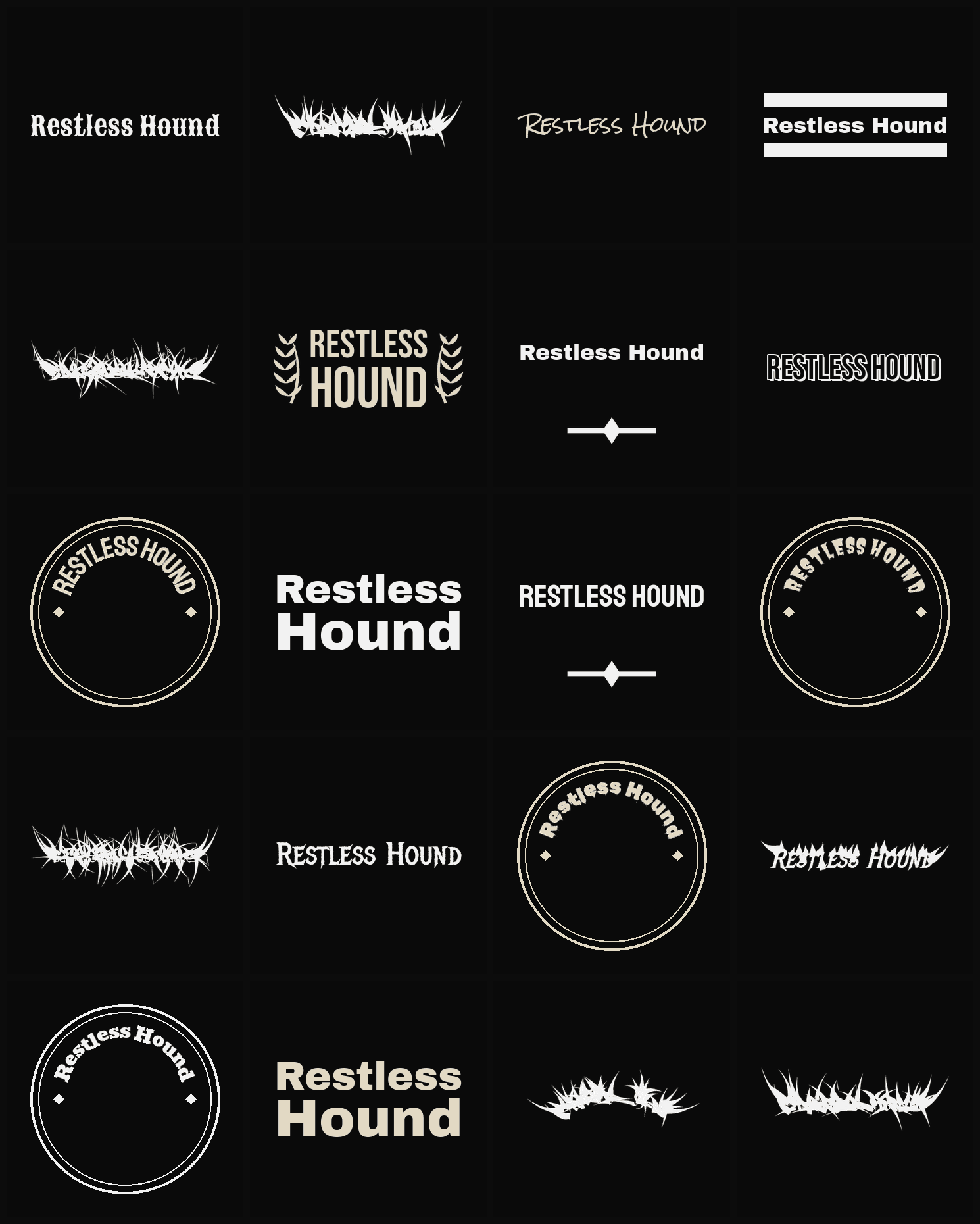 Twenty Restless Hound band logo ideas — different faces, treatments and spike settings