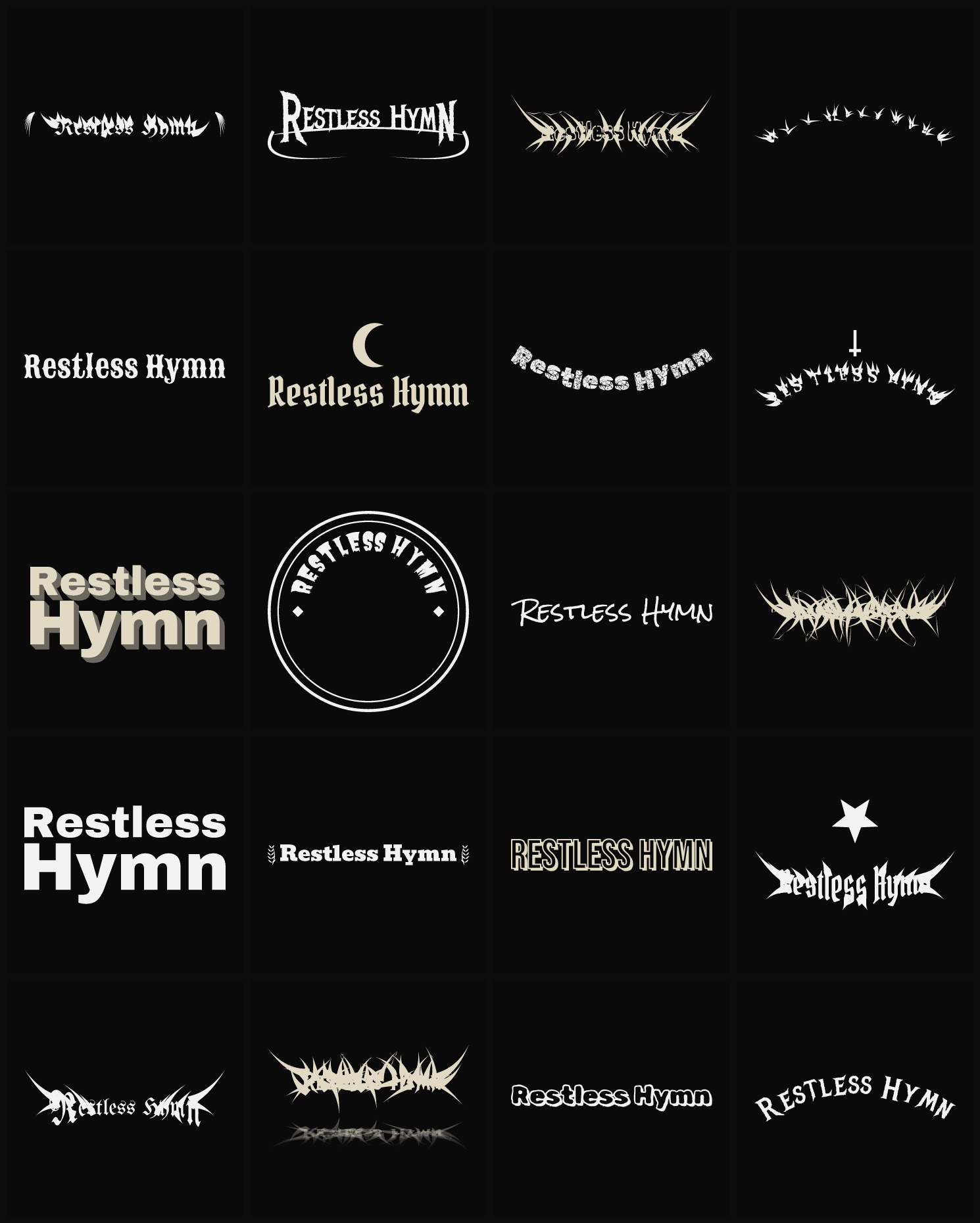 Twenty Restless Hymn band logo ideas — different faces, treatments and spike settings