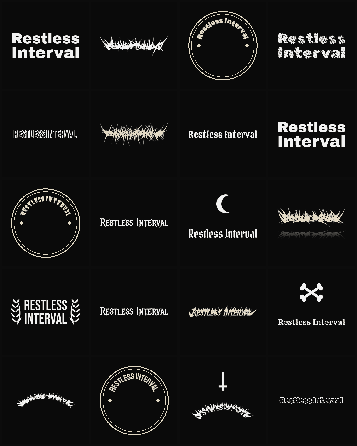 Twenty Restless Interval band logo ideas — different faces, treatments and spike settings