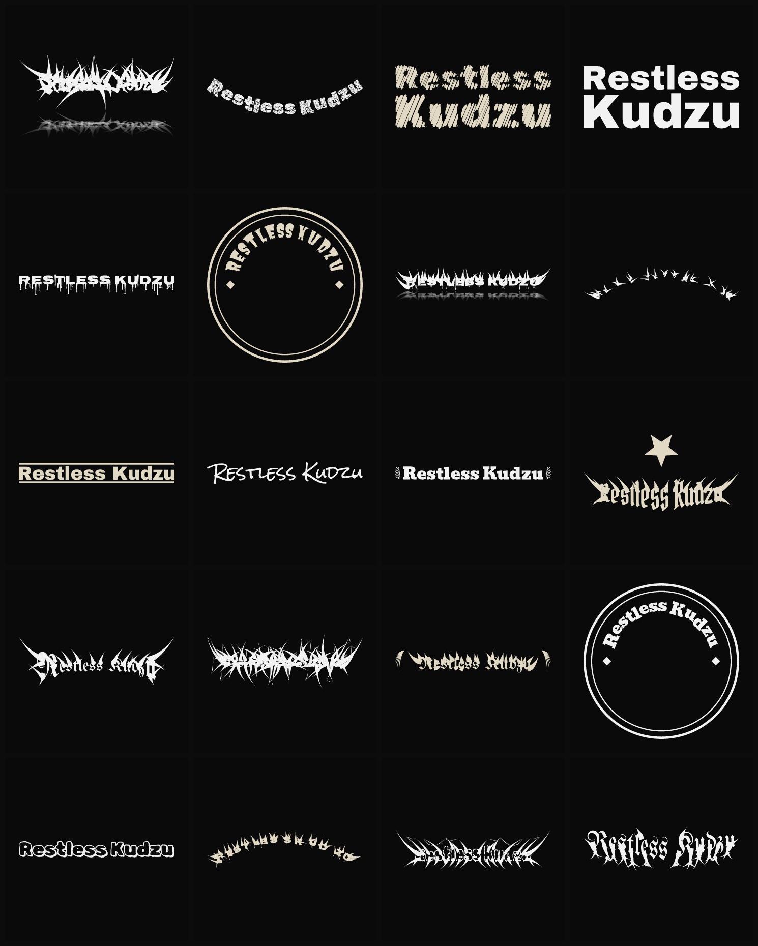 Twenty Restless Kudzu band logo ideas — different faces, treatments and spike settings