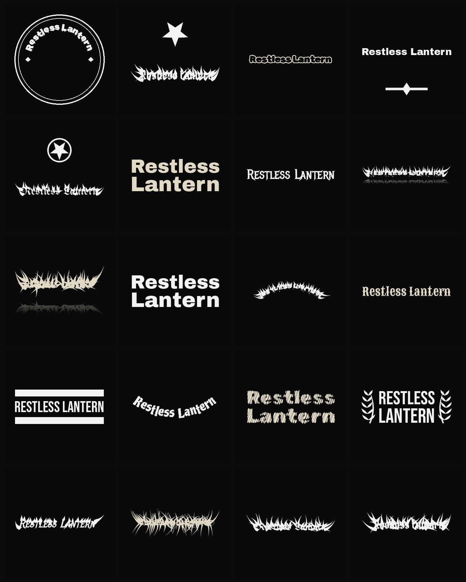 Twenty Restless Lantern band logo ideas — different faces, treatments and spike settings