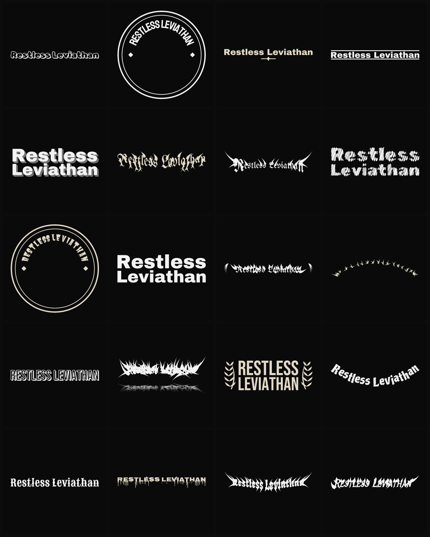 Twenty Restless Leviathan band logo ideas — different faces, treatments and spike settings