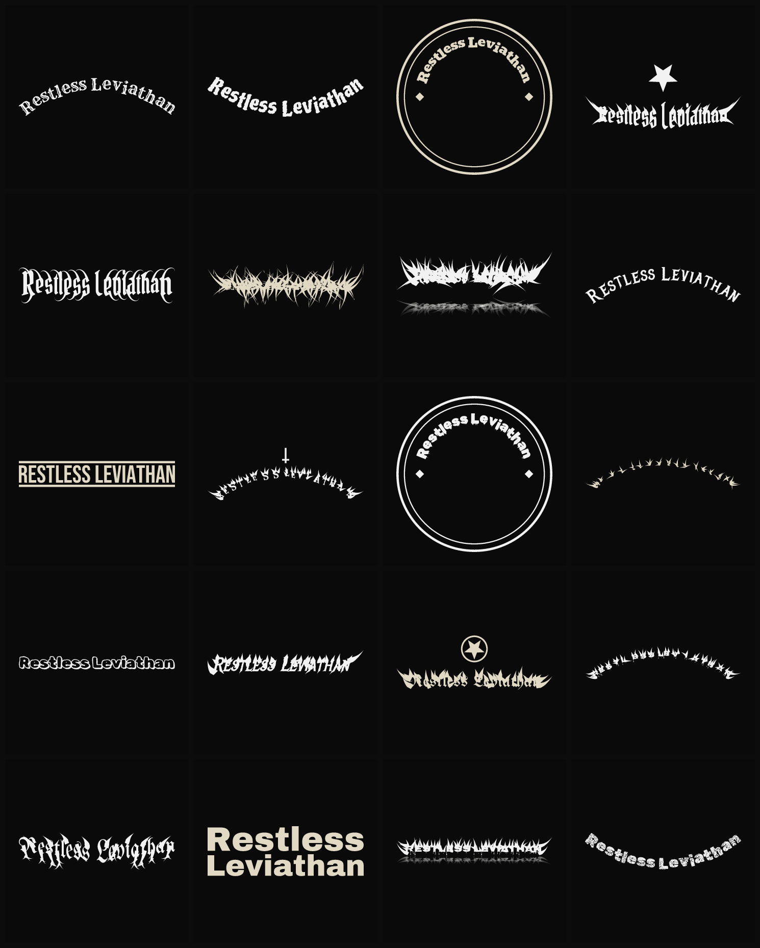 Twenty Restless Leviathan band logo ideas — different faces, treatments and spike settings