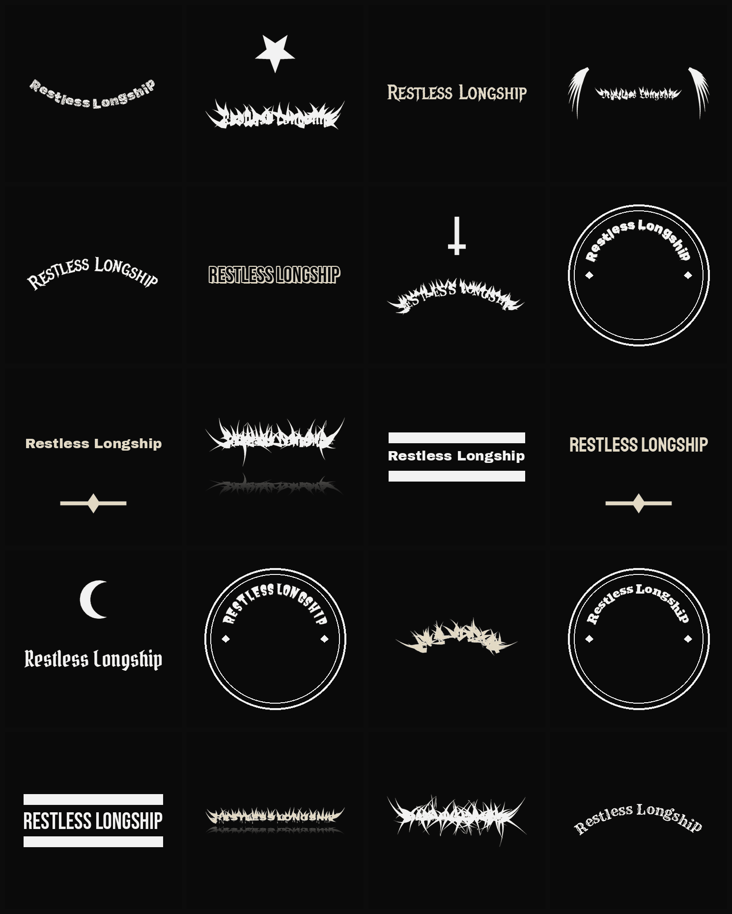 Twenty Restless Longship band logo ideas — different faces, treatments and spike settings