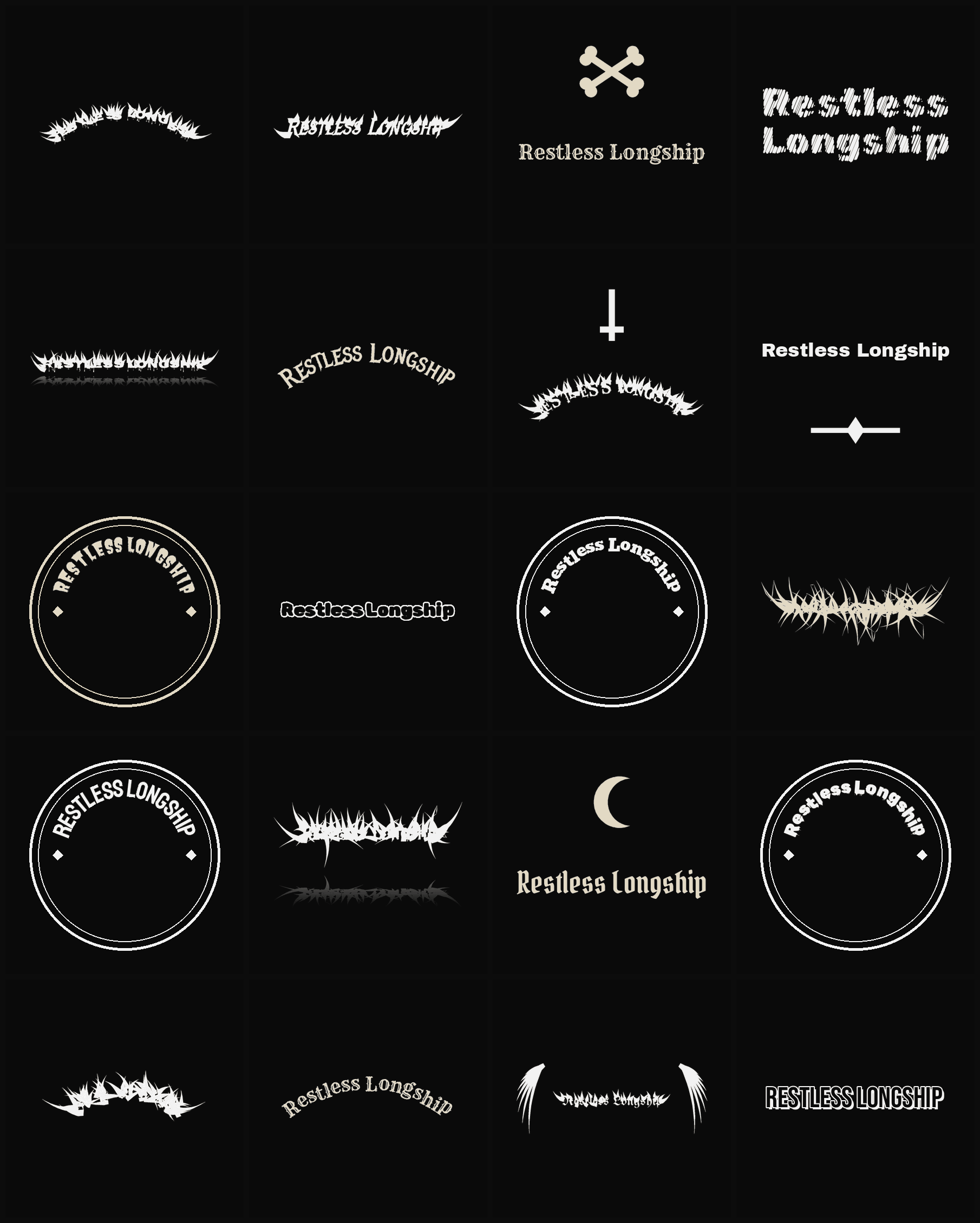 Twenty Restless Longship band logo ideas — different faces, treatments and spike settings