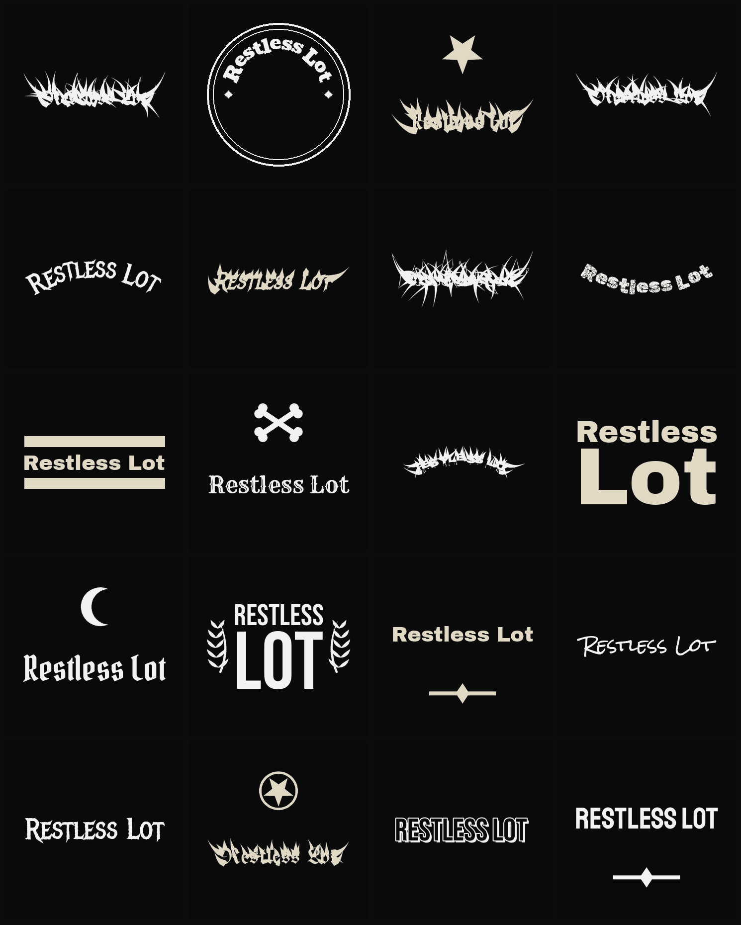 Twenty Restless Lot band logo ideas — different faces, treatments and spike settings