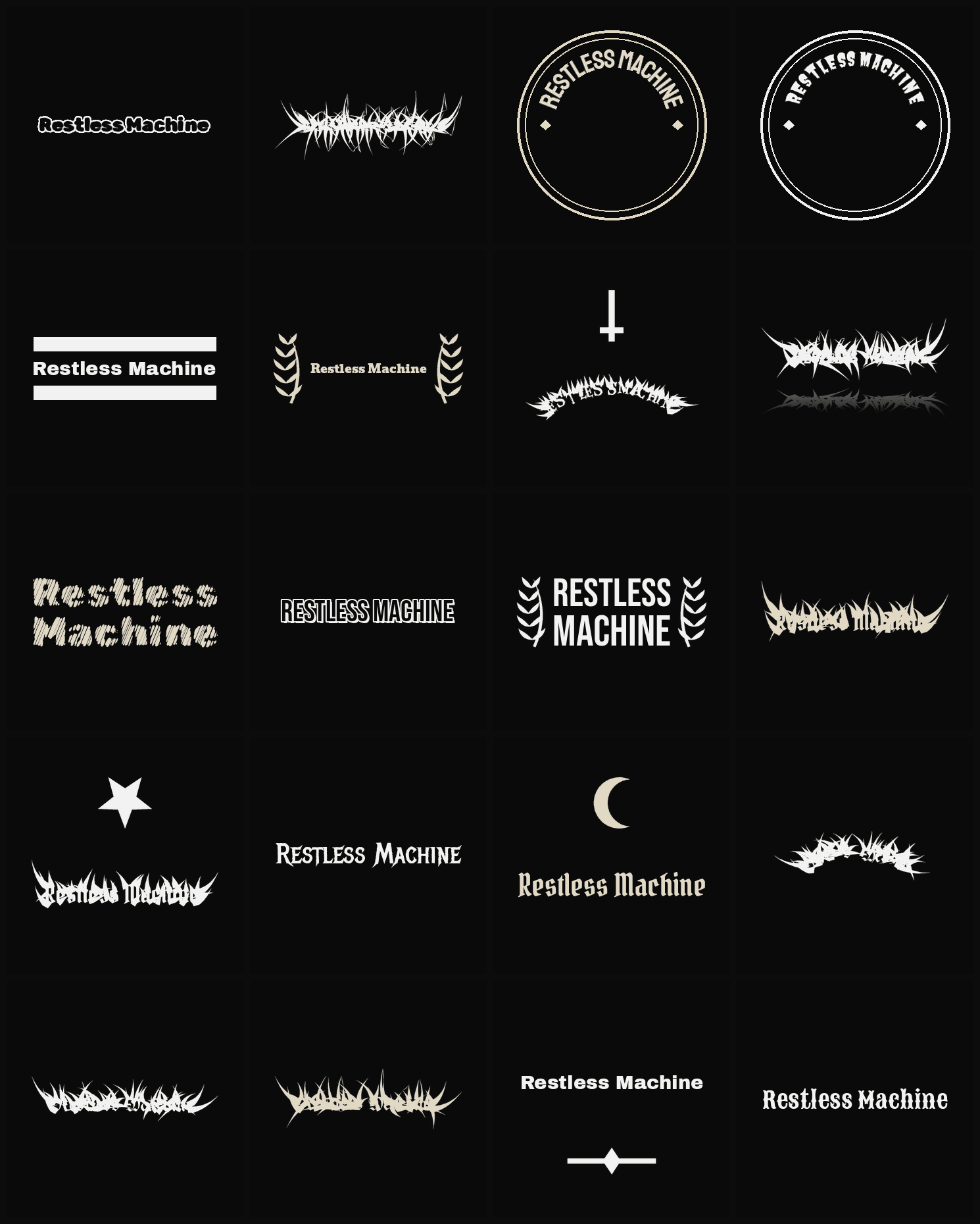 Twenty Restless Machine band logo ideas — different faces, treatments and spike settings