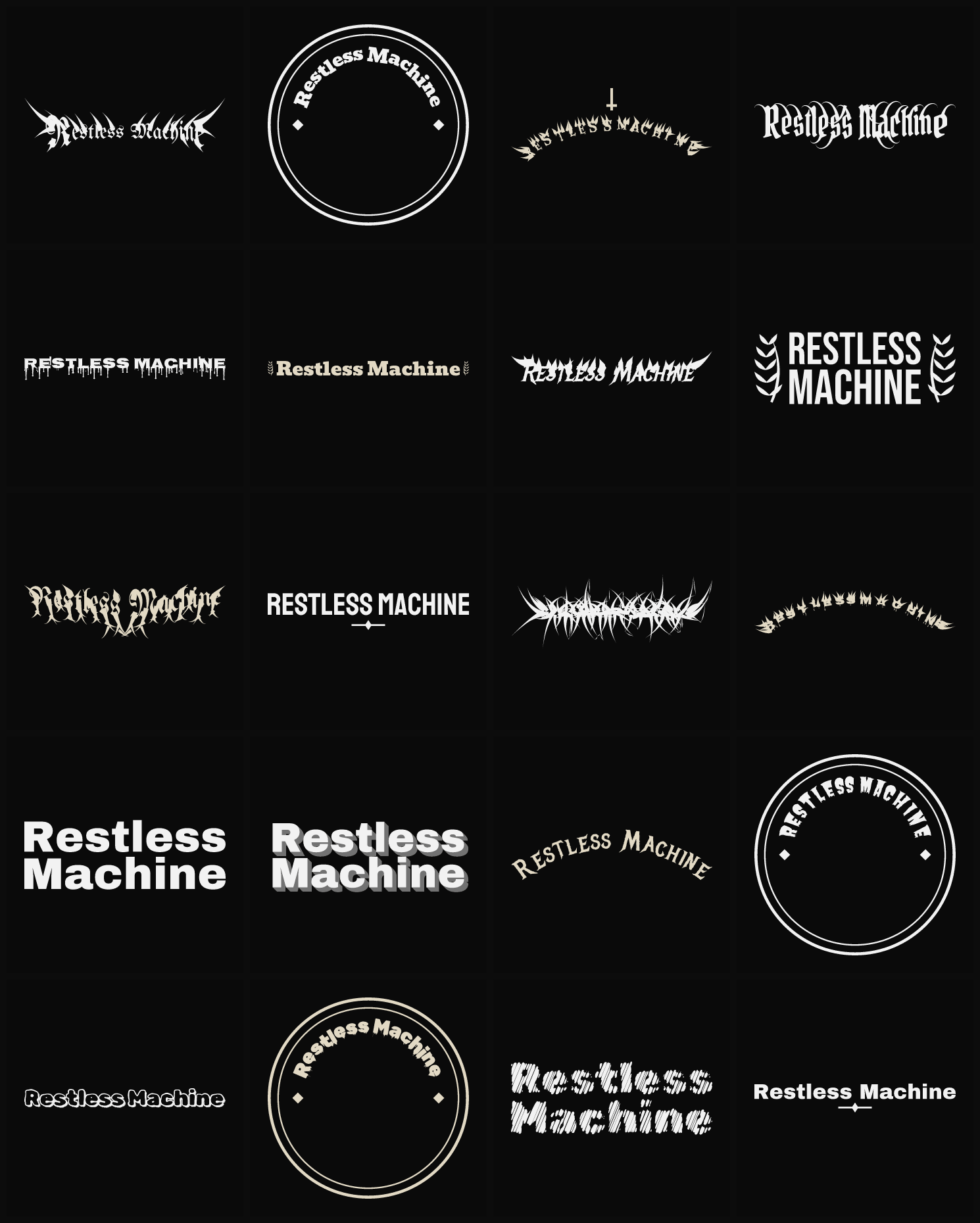 Twenty Restless Machine band logo ideas — different faces, treatments and spike settings