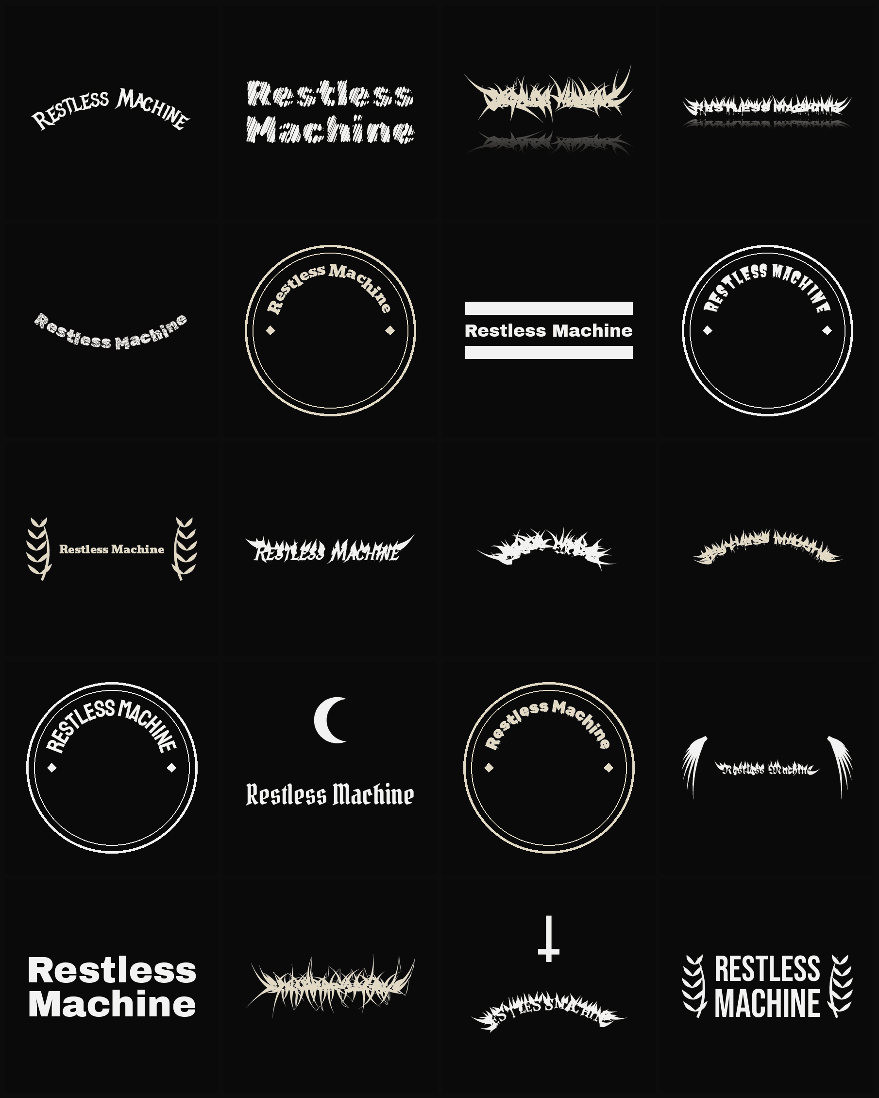 Twenty Restless Machine band logo ideas — different faces, treatments and spike settings