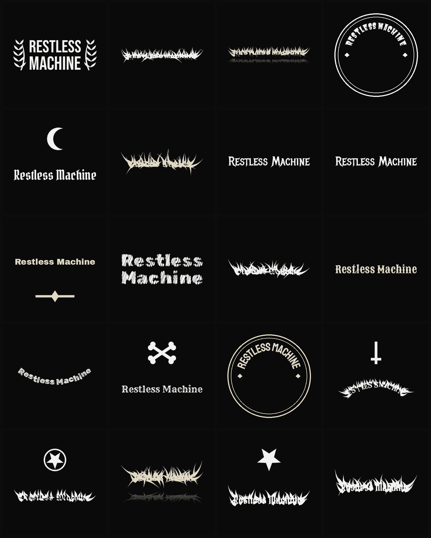 Twenty Restless Machine band logo ideas — different faces, treatments and spike settings