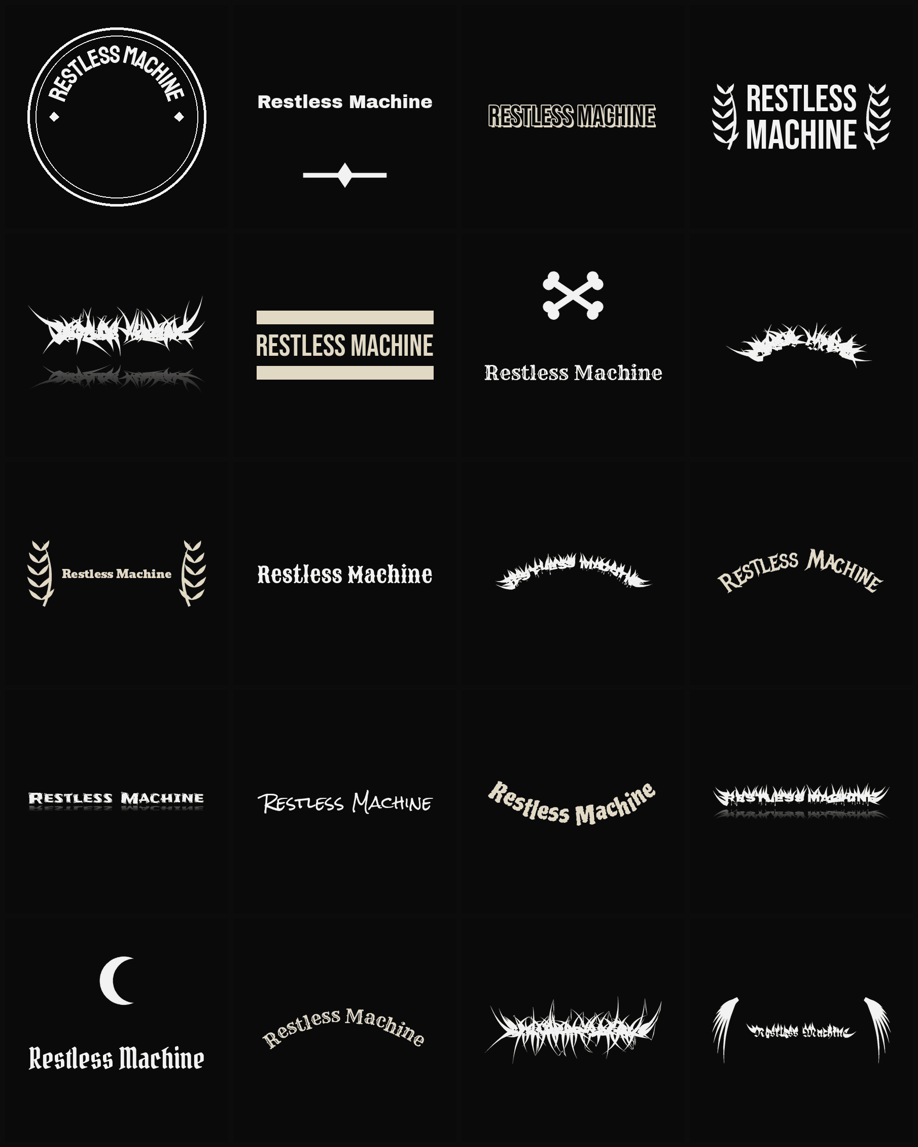 Twenty Restless Machine band logo ideas — different faces, treatments and spike settings