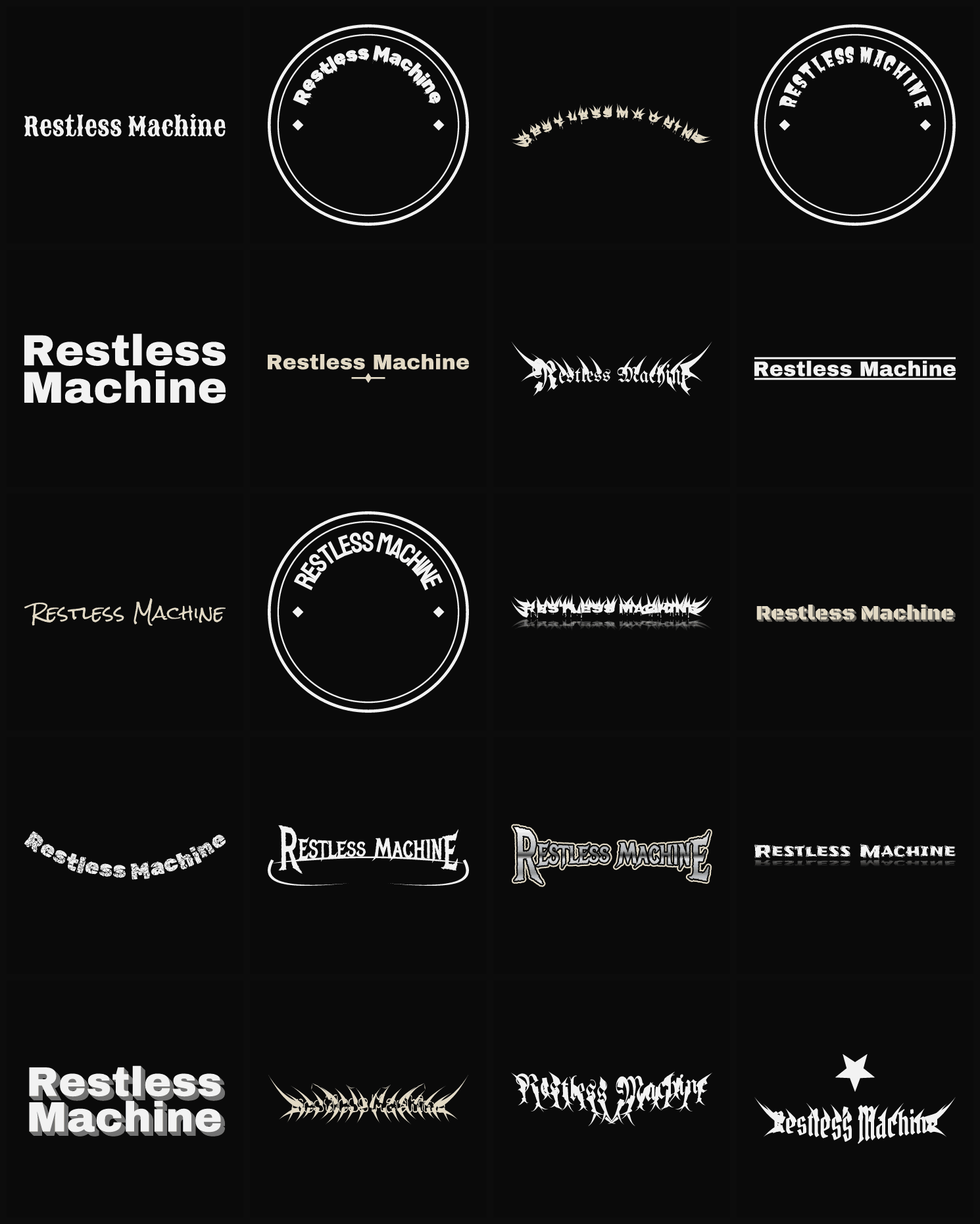 Twenty Restless Machine band logo ideas — different faces, treatments and spike settings
