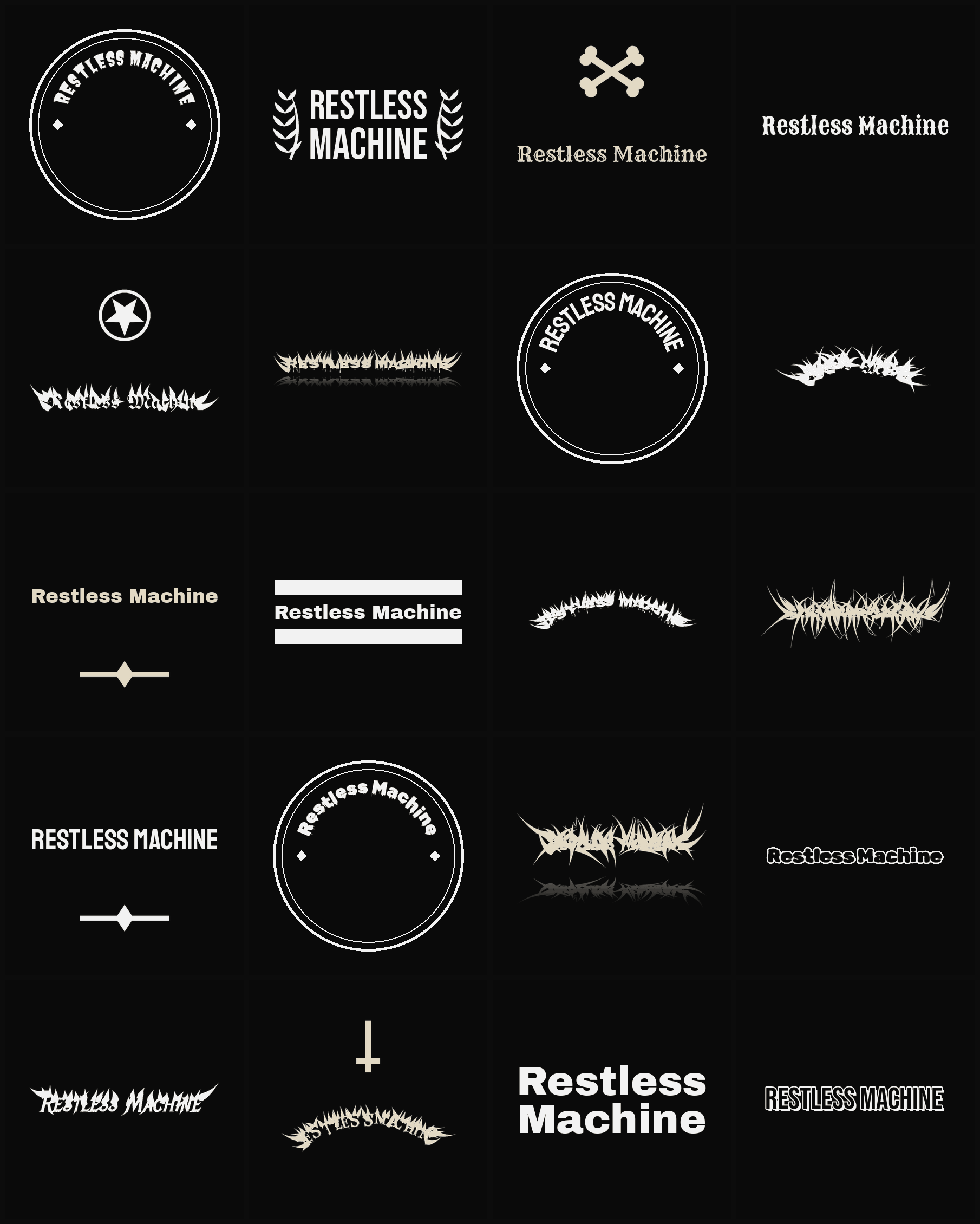 Twenty Restless Machine band logo ideas — different faces, treatments and spike settings