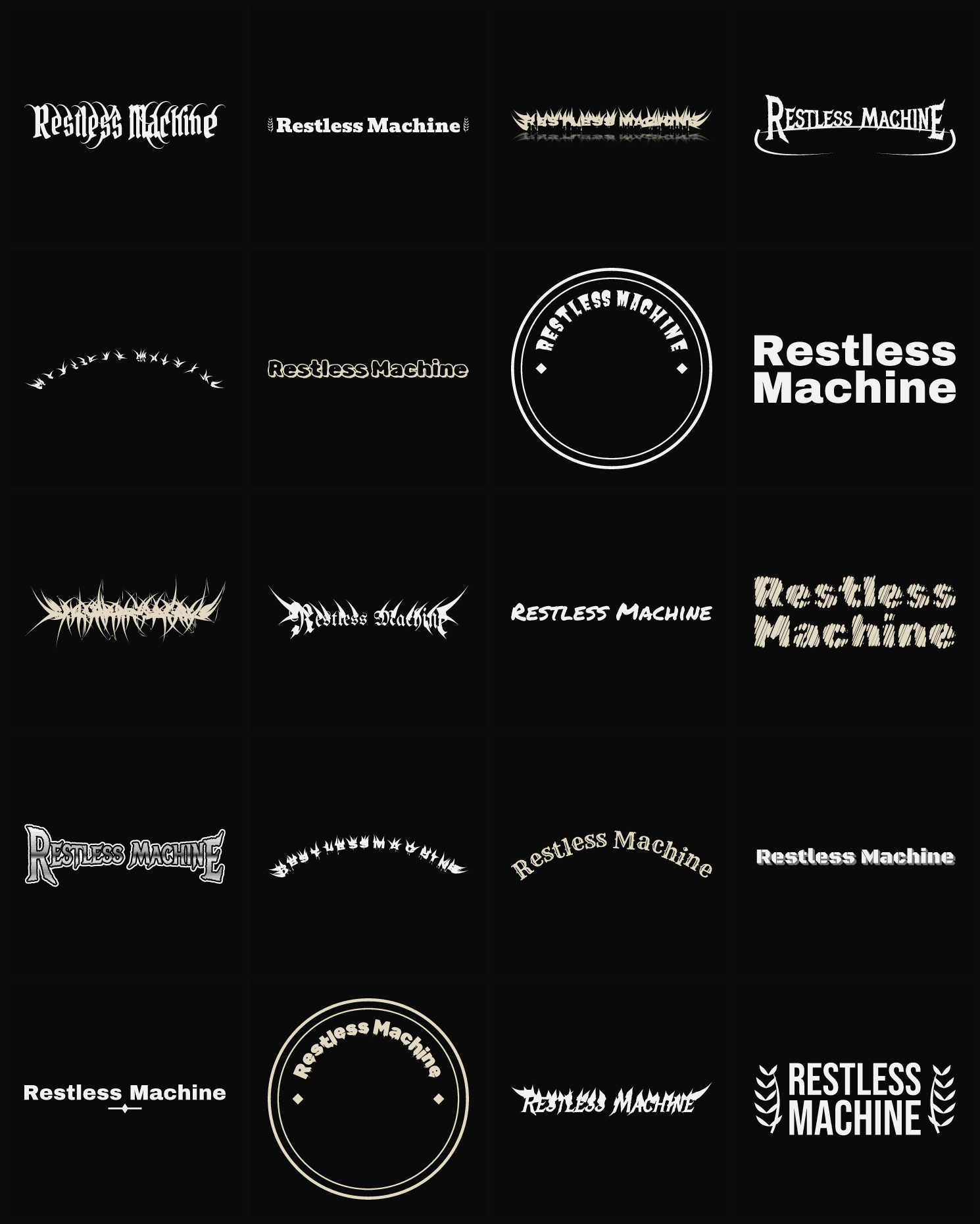 Twenty Restless Machine band logo ideas — different faces, treatments and spike settings