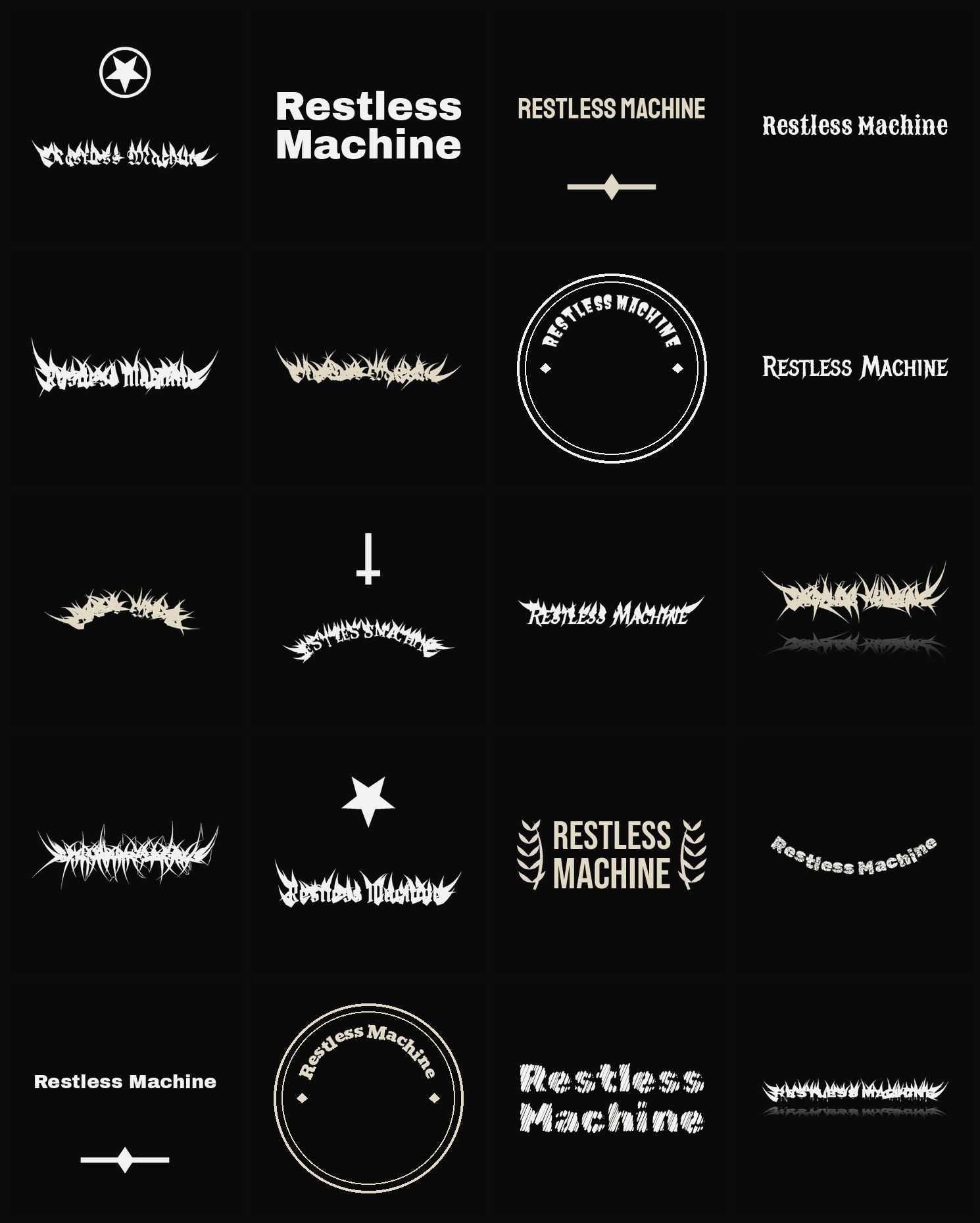 Twenty Restless Machine band logo ideas — different faces, treatments and spike settings