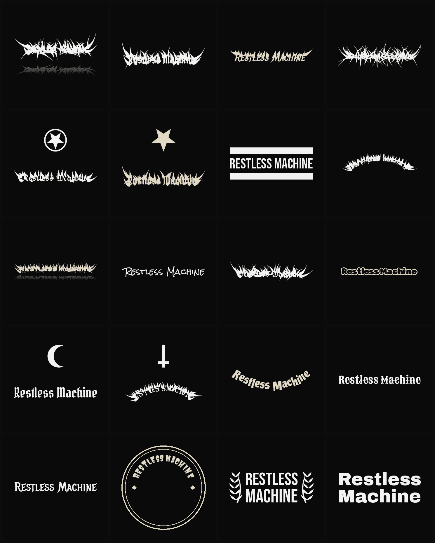 Twenty Restless Machine band logo ideas — different faces, treatments and spike settings