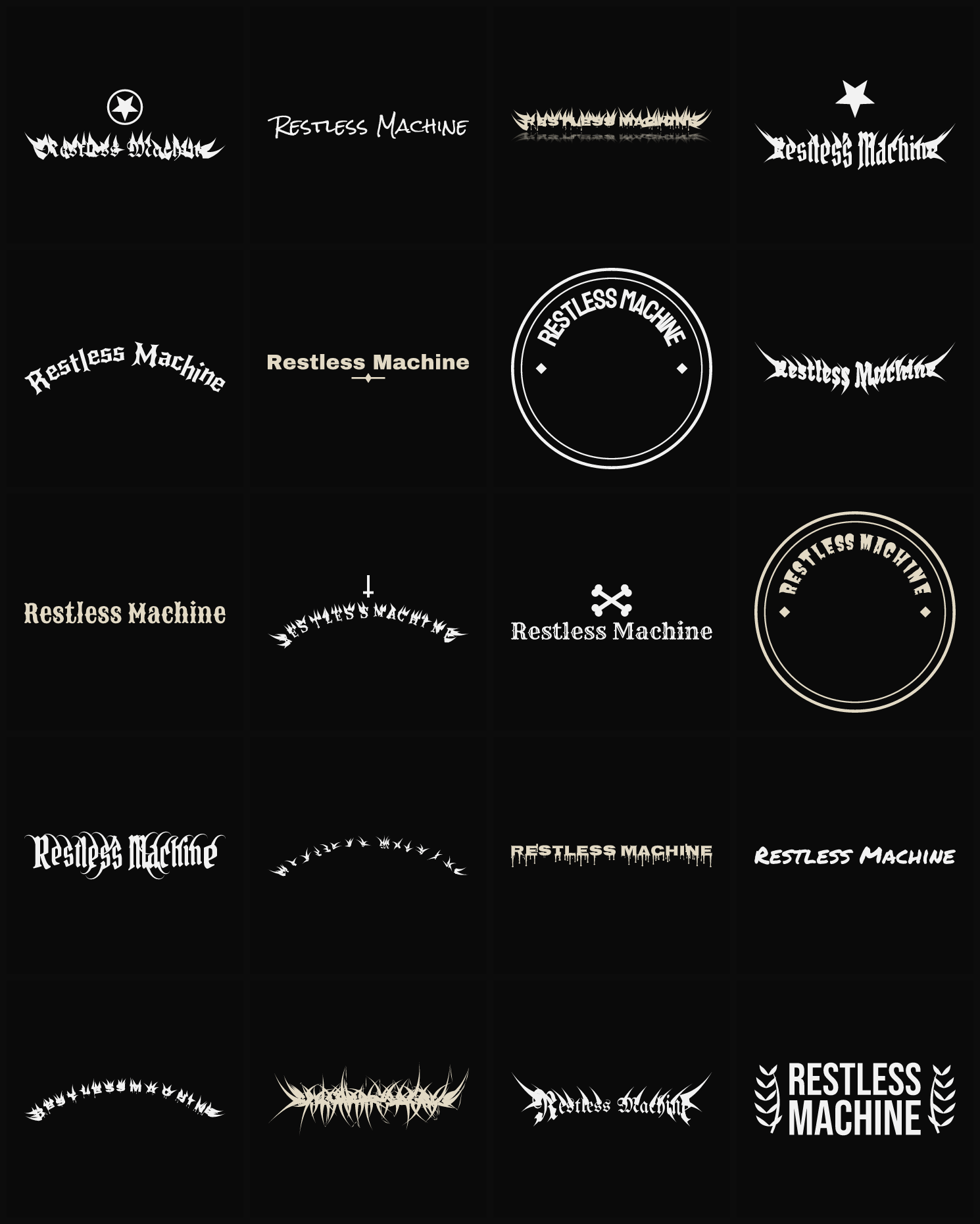 Twenty Restless Machine band logo ideas — different faces, treatments and spike settings