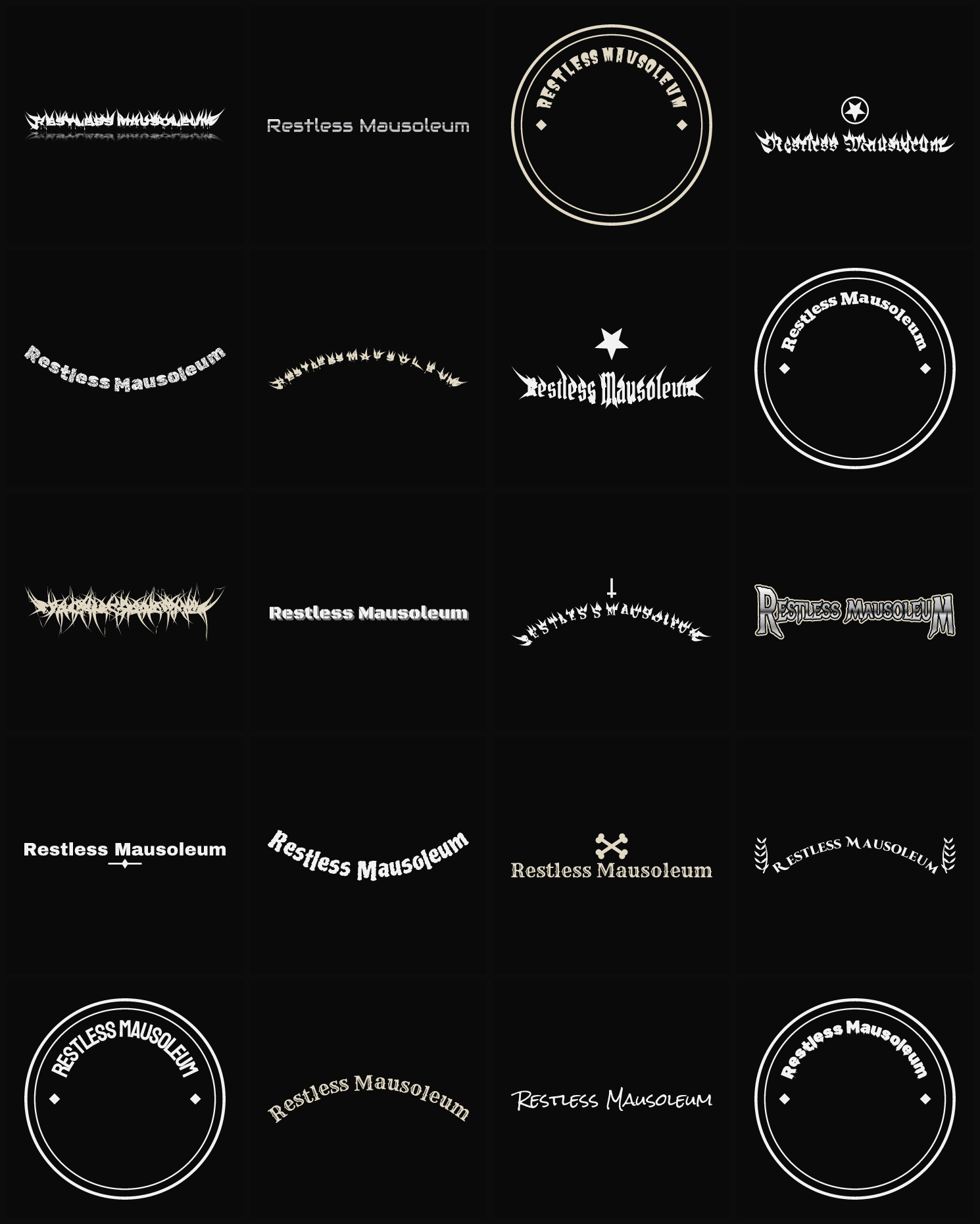 Twenty Restless Mausoleum band logo ideas — different faces, treatments and spike settings