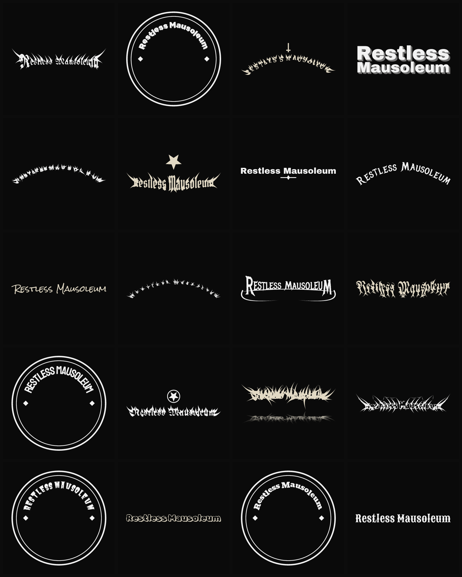 Twenty Restless Mausoleum band logo ideas — different faces, treatments and spike settings