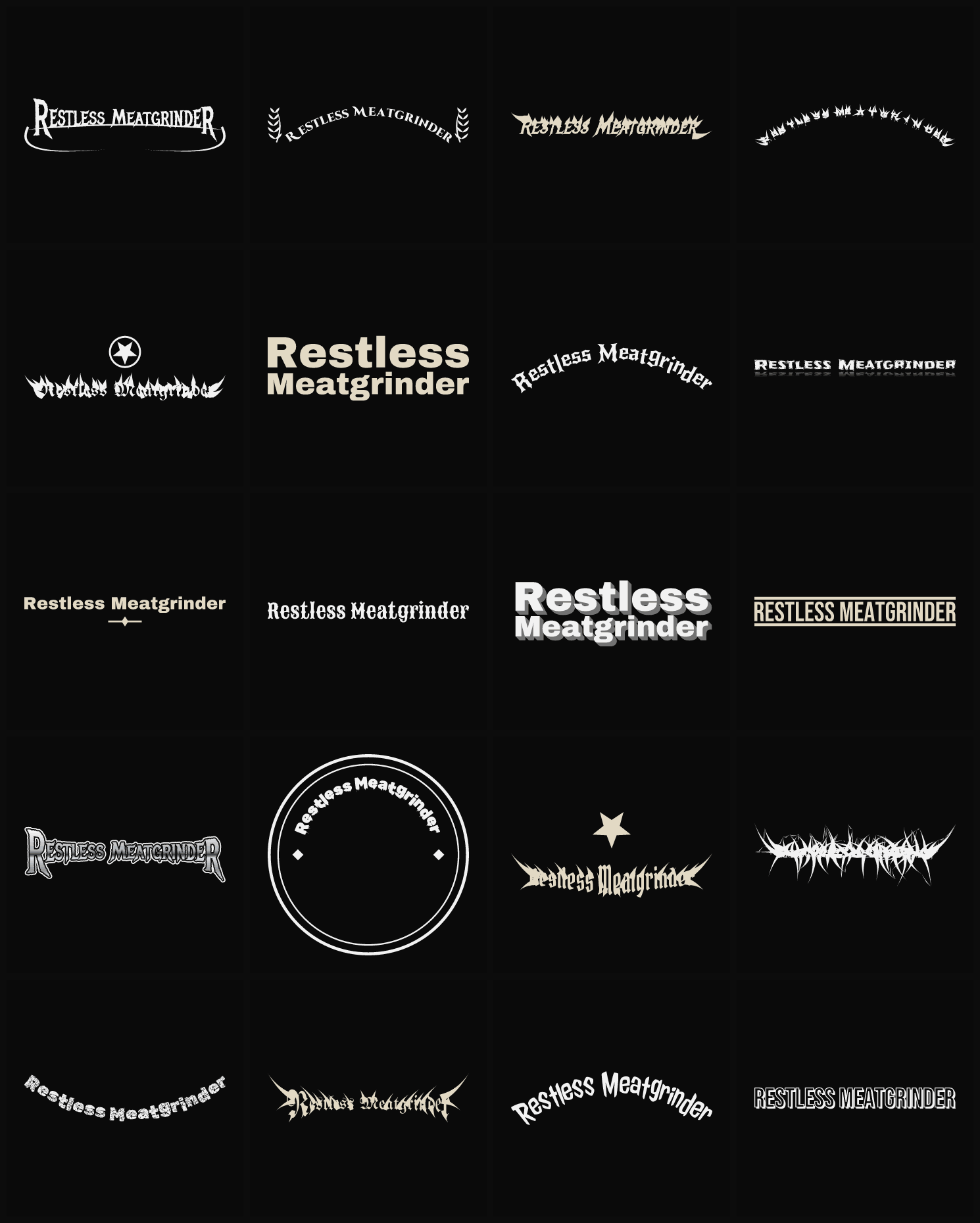 Twenty Restless Meatgrinder band logo ideas — different faces, treatments and spike settings