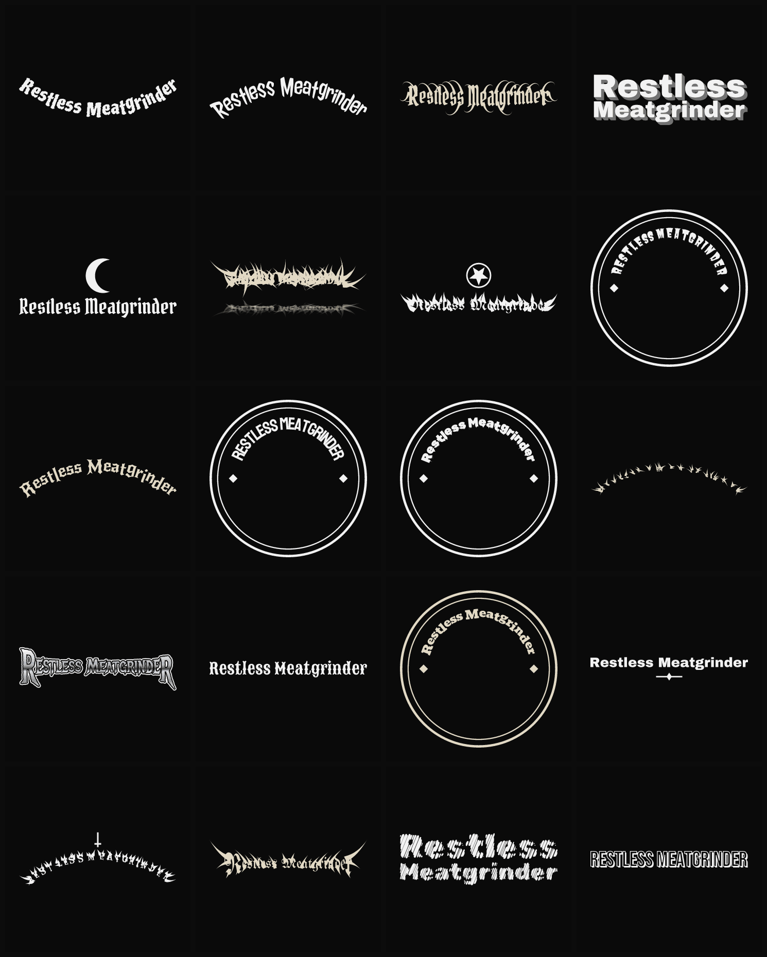 Twenty Restless Meatgrinder band logo ideas — different faces, treatments and spike settings