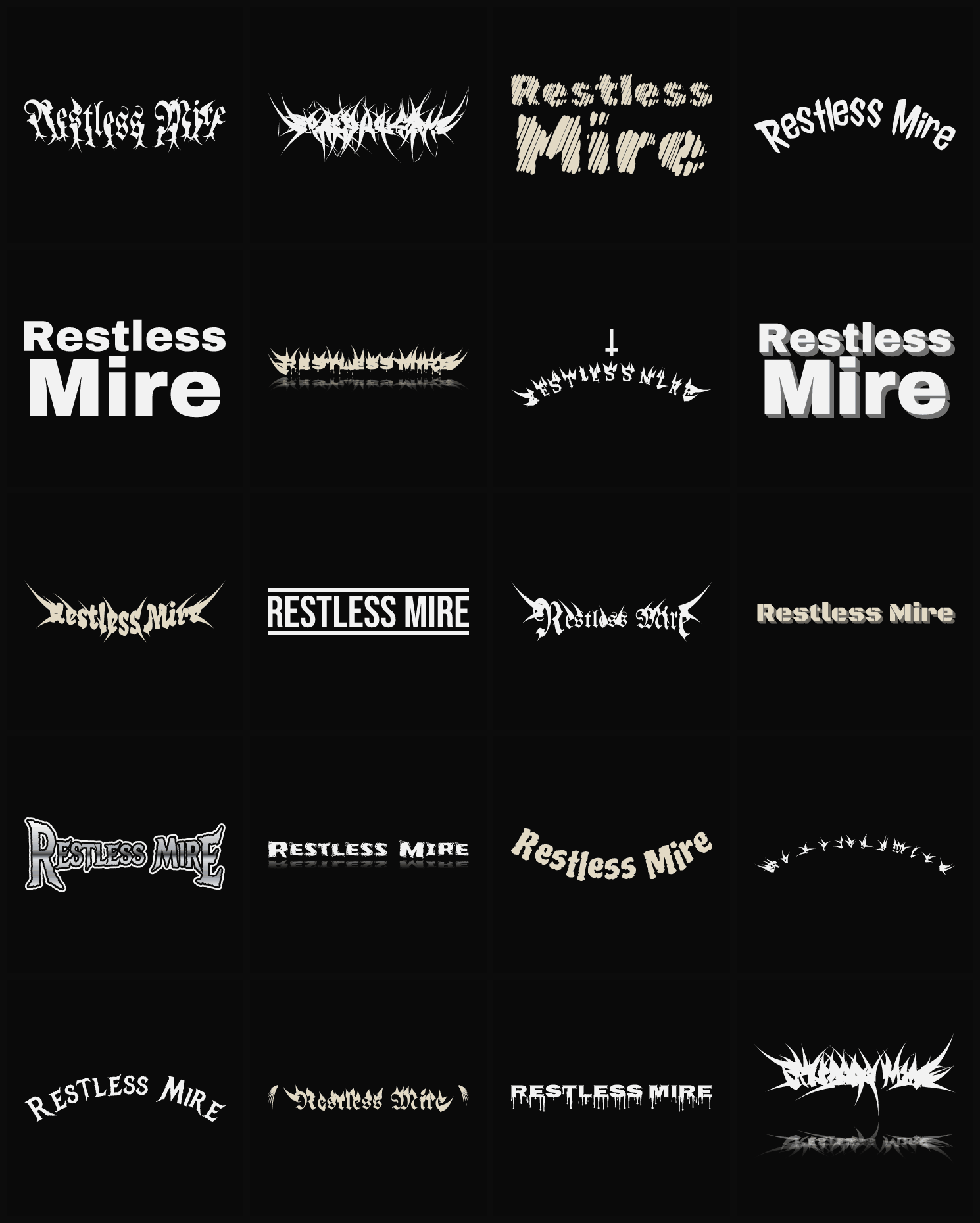 Twenty Restless Mire band logo ideas — different faces, treatments and spike settings
