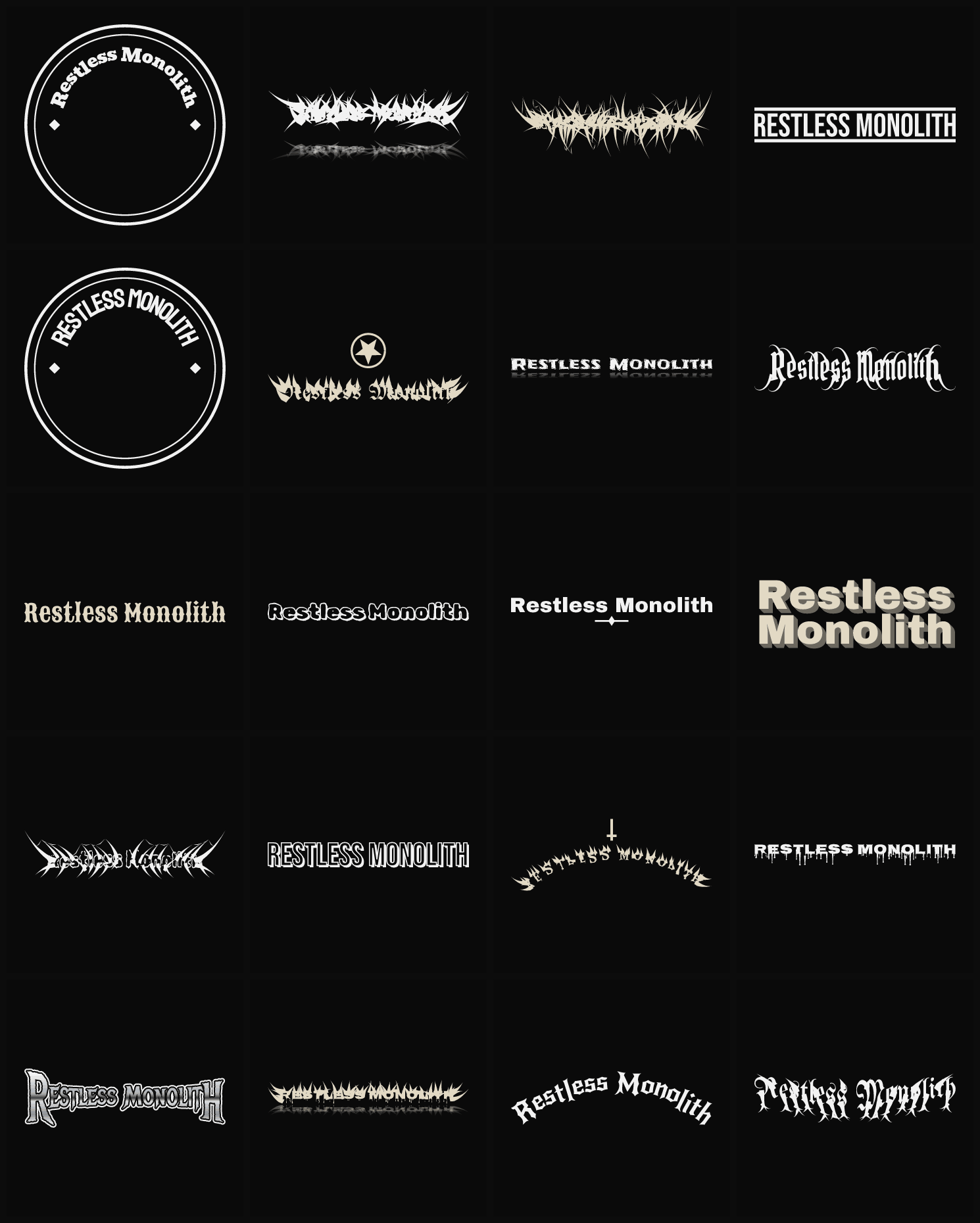 Twenty Restless Monolith band logo ideas — different faces, treatments and spike settings