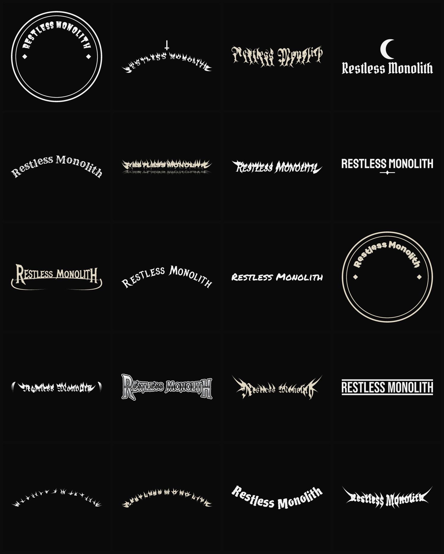 Twenty Restless Monolith band logo ideas — different faces, treatments and spike settings