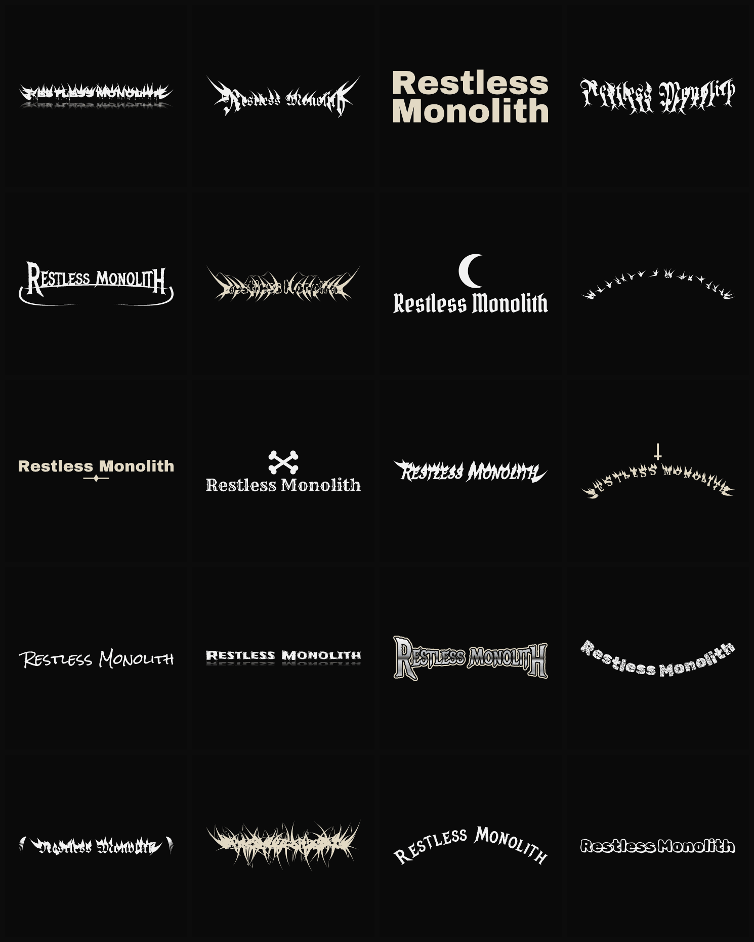 Twenty Restless Monolith band logo ideas — different faces, treatments and spike settings