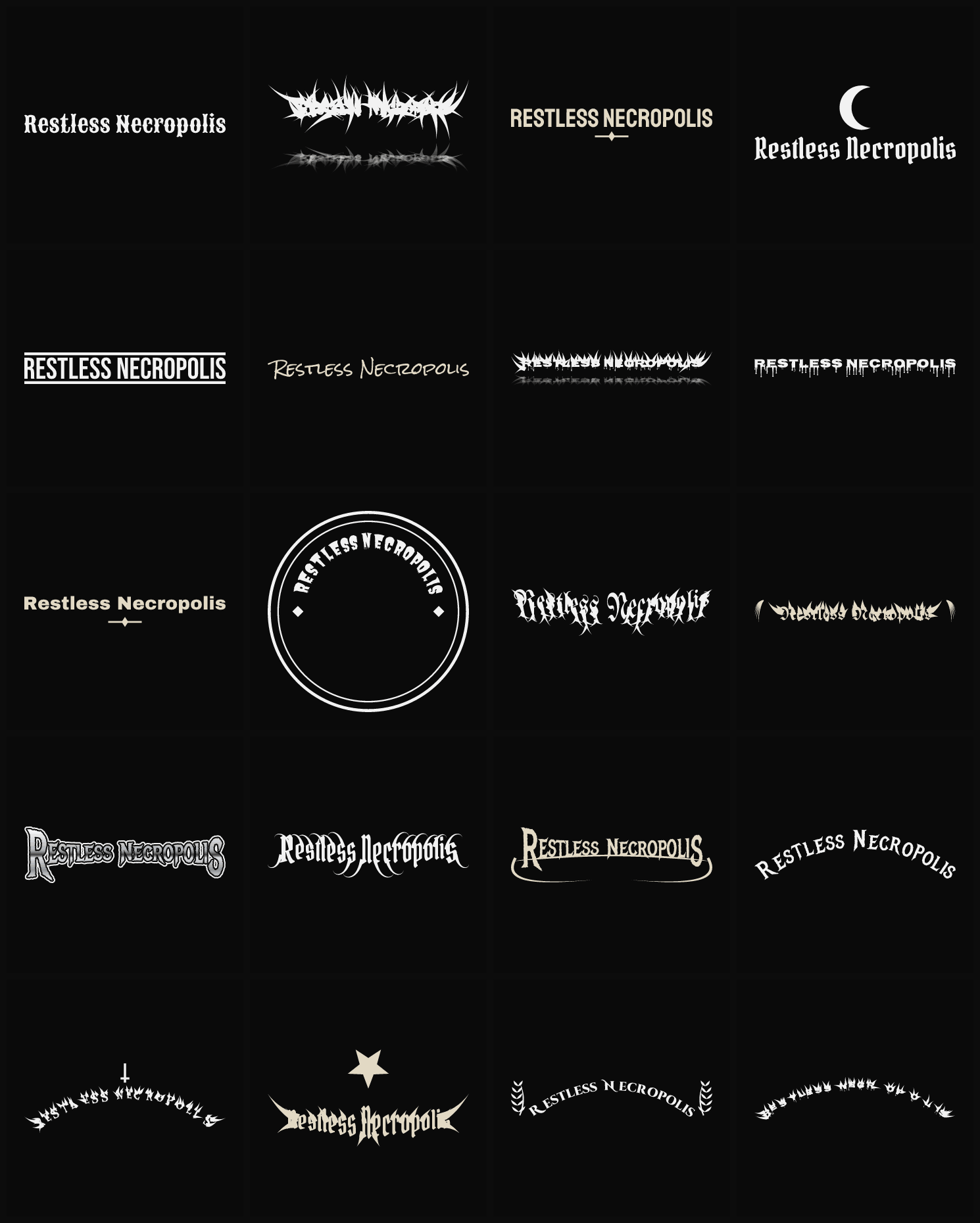 Twenty Restless Necropolis band logo ideas — different faces, treatments and spike settings