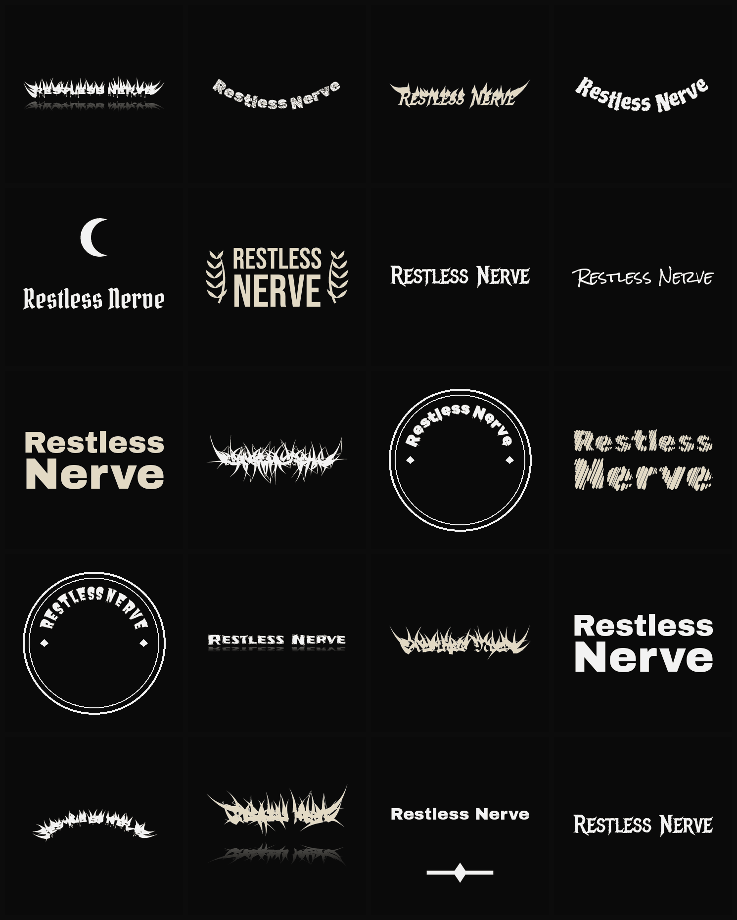 Twenty Restless Nerve band logo ideas — different faces, treatments and spike settings