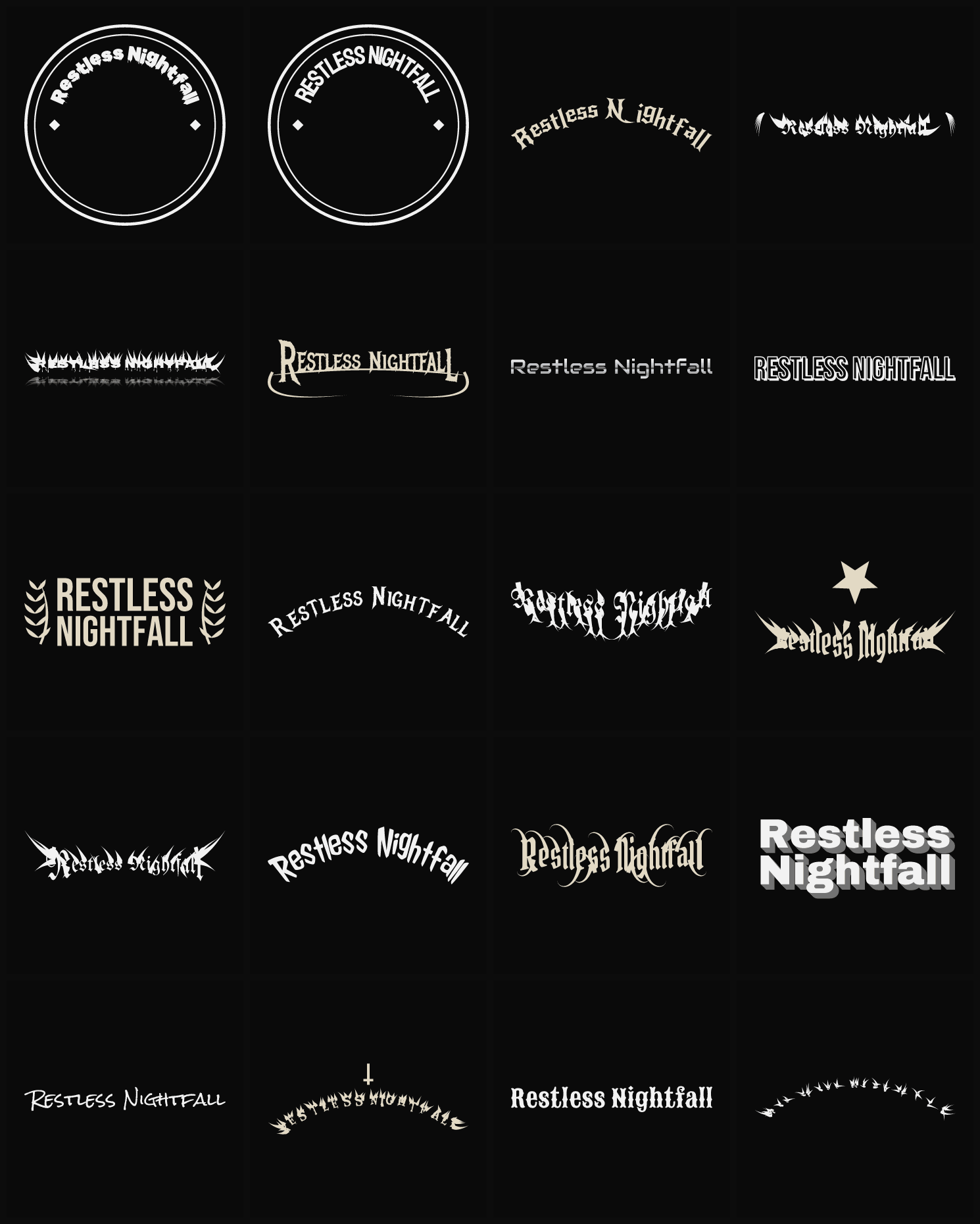Twenty Restless Nightfall band logo ideas — different faces, treatments and spike settings